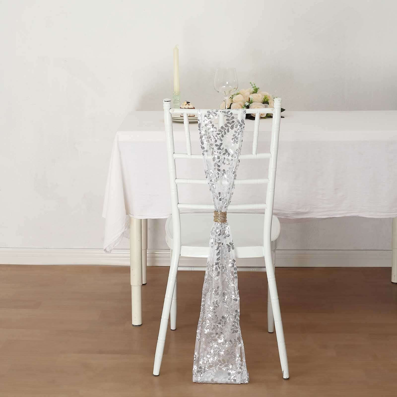 5 Pack Tulle Chair Sashes Silver Leaf Vine Embroidered Sequin 6"x88" - Sophisticated Decorative Design - Image 9