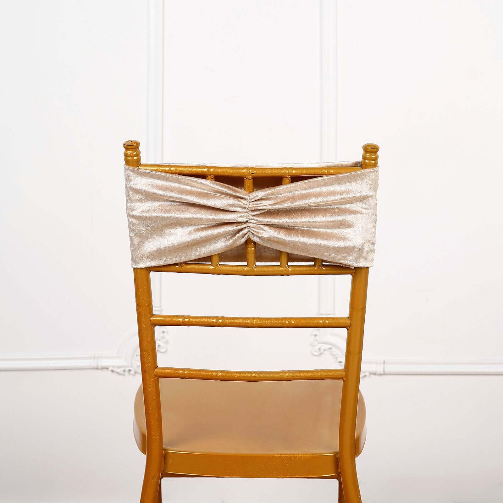 5 Pack Velvet Chair Sashes Champagne with Ruffled Center - Wrinkle-Resistant Stretchy Chair Bands