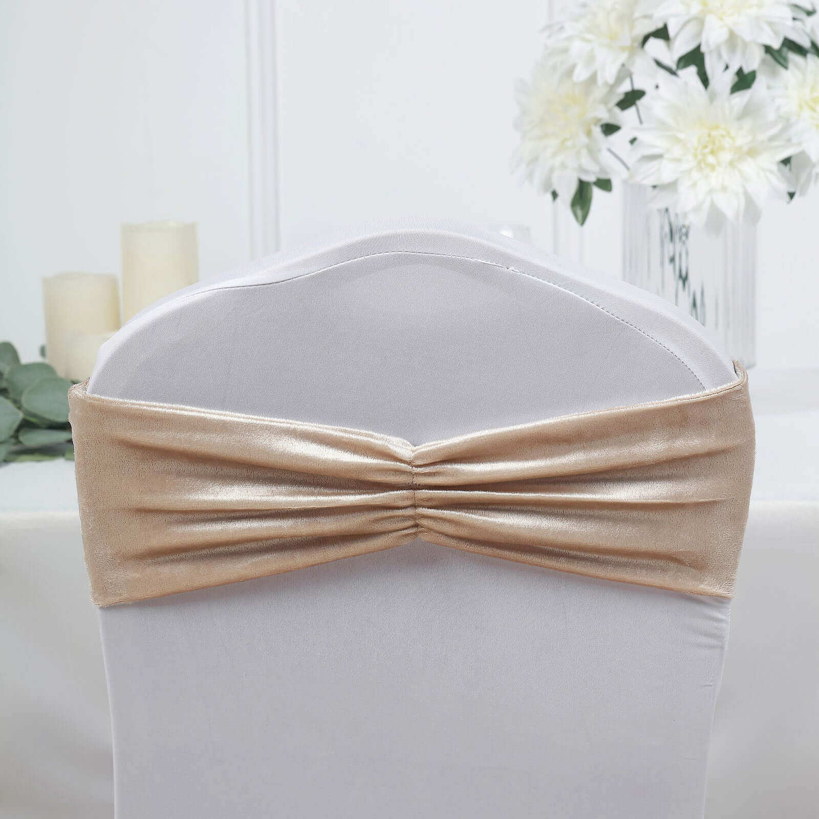 5 Pack Velvet Chair Sashes Champagne with Ruffled Center - Wrinkle-Resistant Stretchy Chair Bands - Image 12