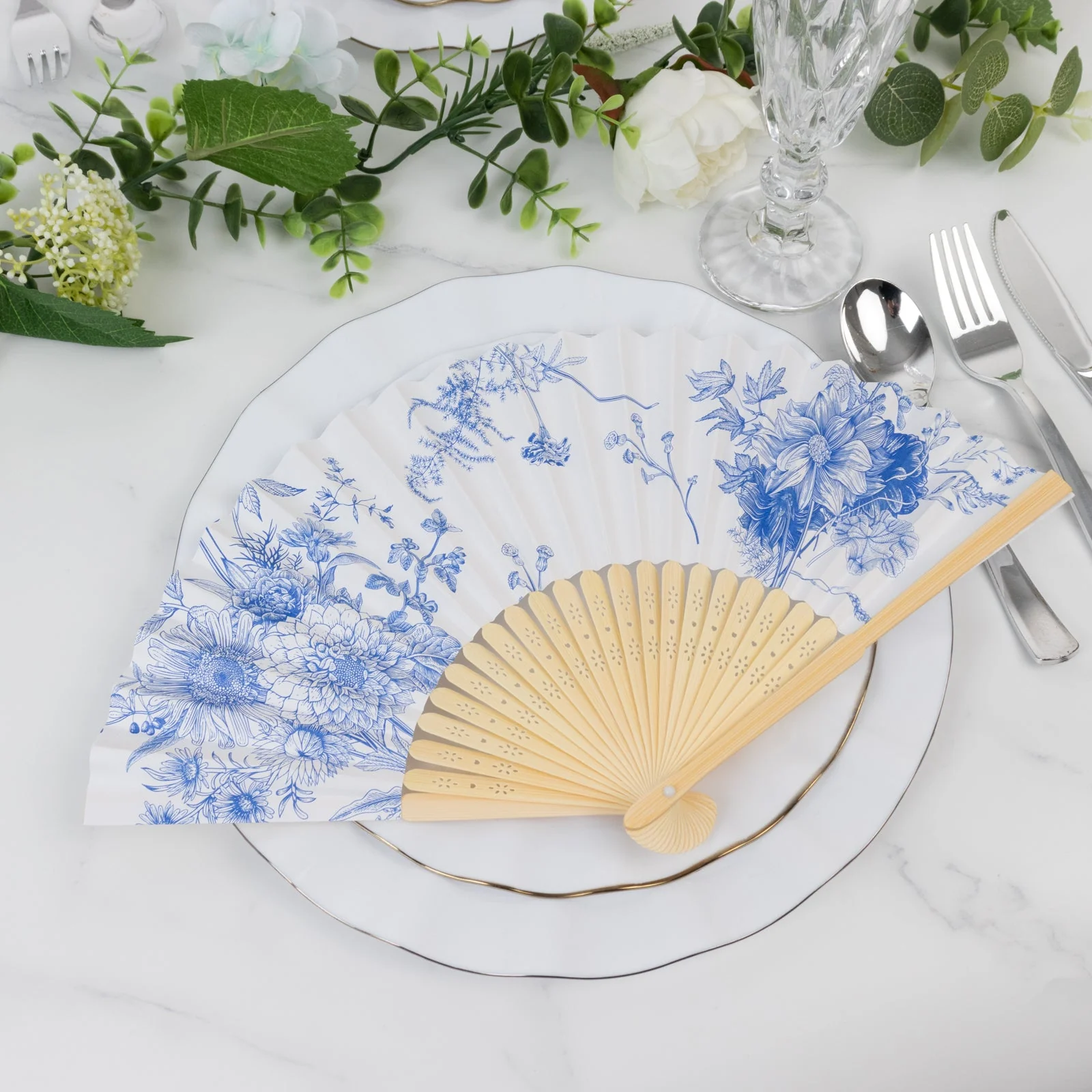 5-Pack Paper Folding Fans in White & Blue French Toile Pattern, Handheld Party Favors Fans with Bamboo Frame - Image 2
