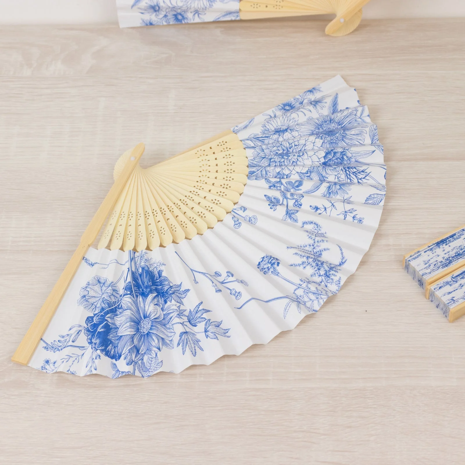 5-Pack Paper Folding Fans in White & Blue French Toile Pattern, Handheld Party Favors Fans with Bamboo Frame - Image 4