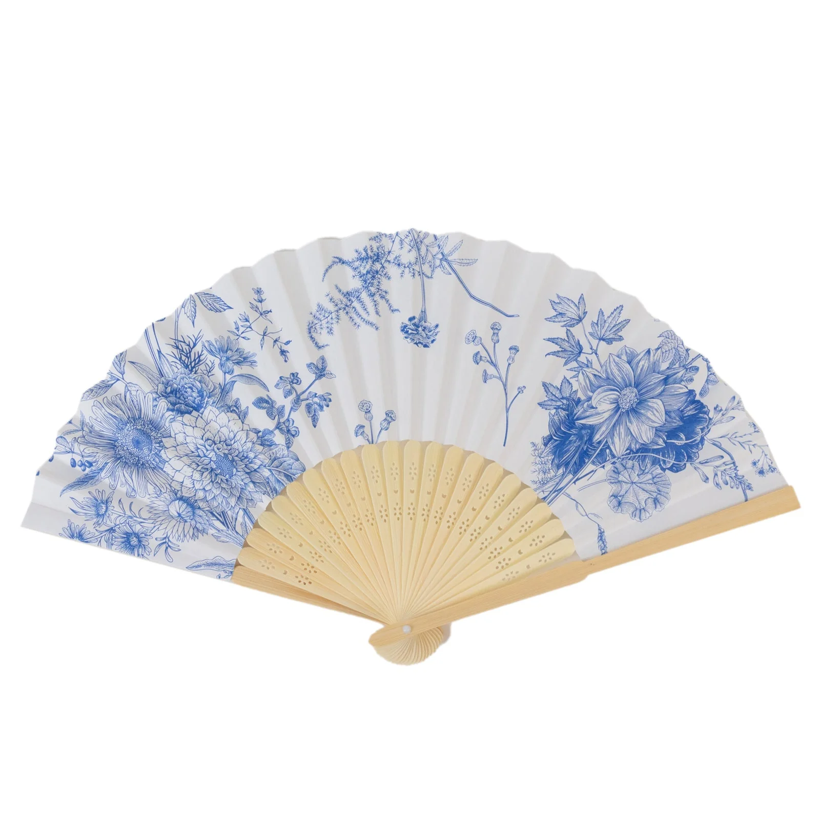5-Pack Paper Folding Fans in White & Blue French Toile Pattern, Handheld Party Favors Fans with Bamboo Frame - Image 6