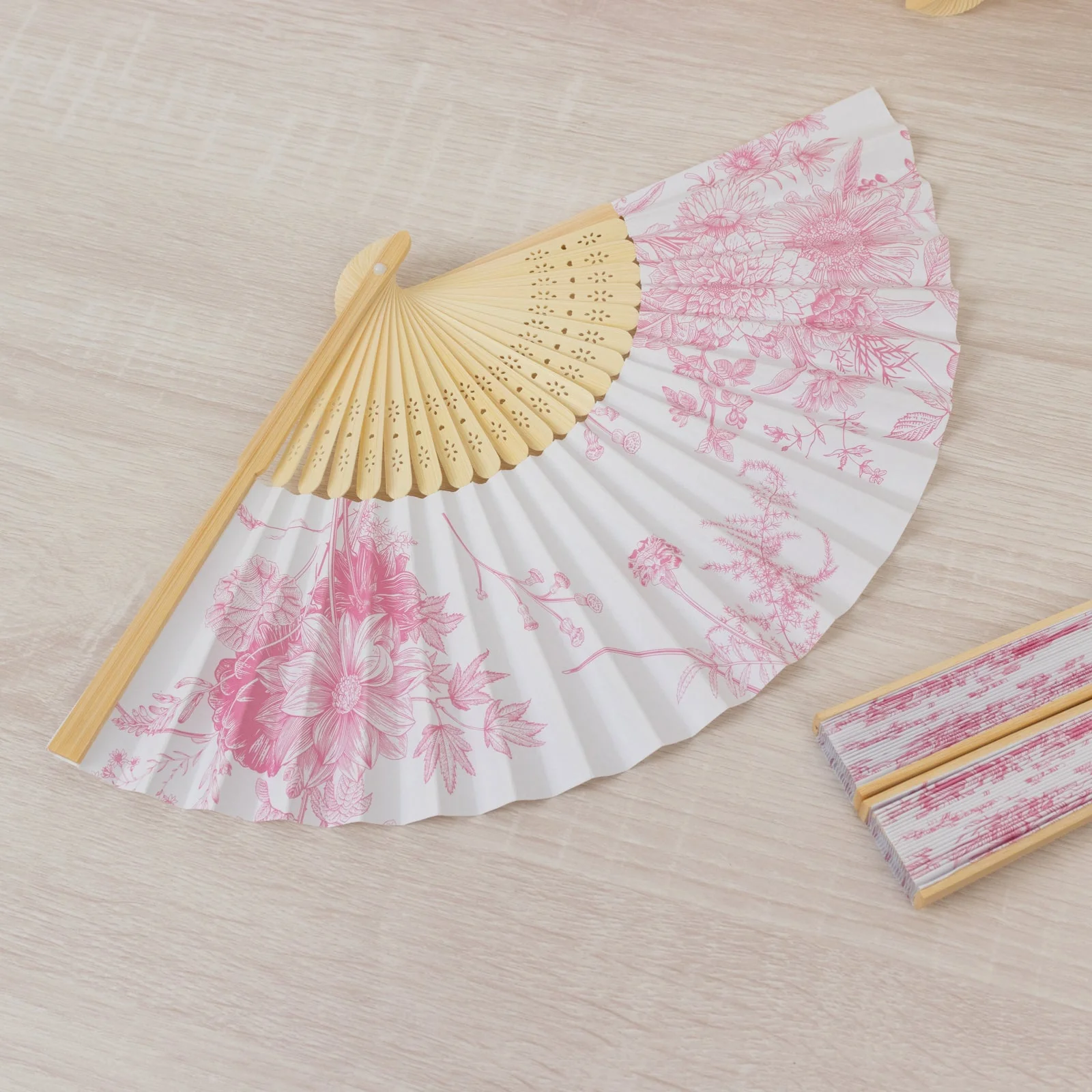 5-Pack Paper Folding Fans in White & Pink French Toile Pattern, Handheld Party Favors Fans with Bamboo Frame - Image 3