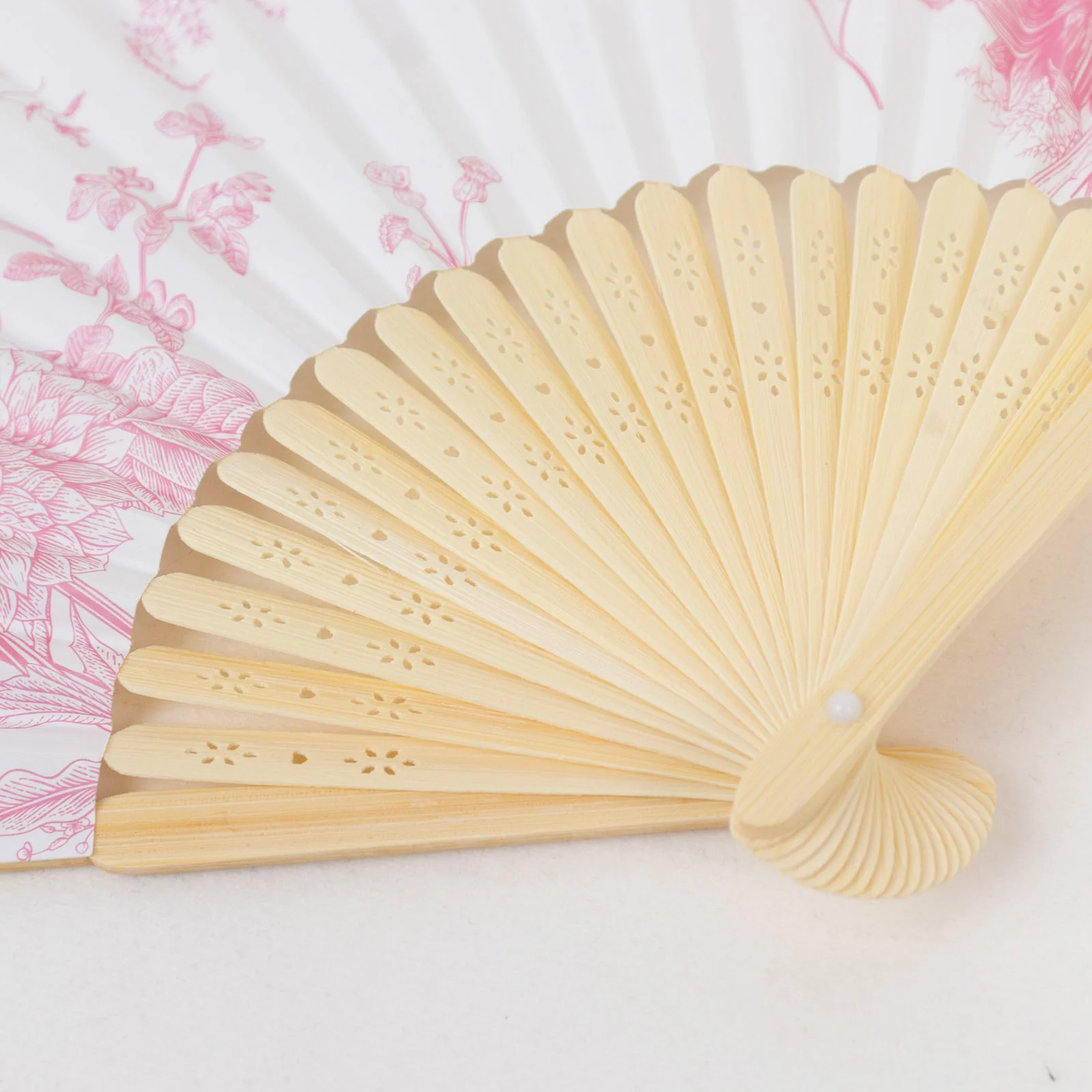 5-Pack Paper Folding Fans in White & Pink French Toile Pattern, Handheld Party Favors Fans with Bamboo Frame - Image 4