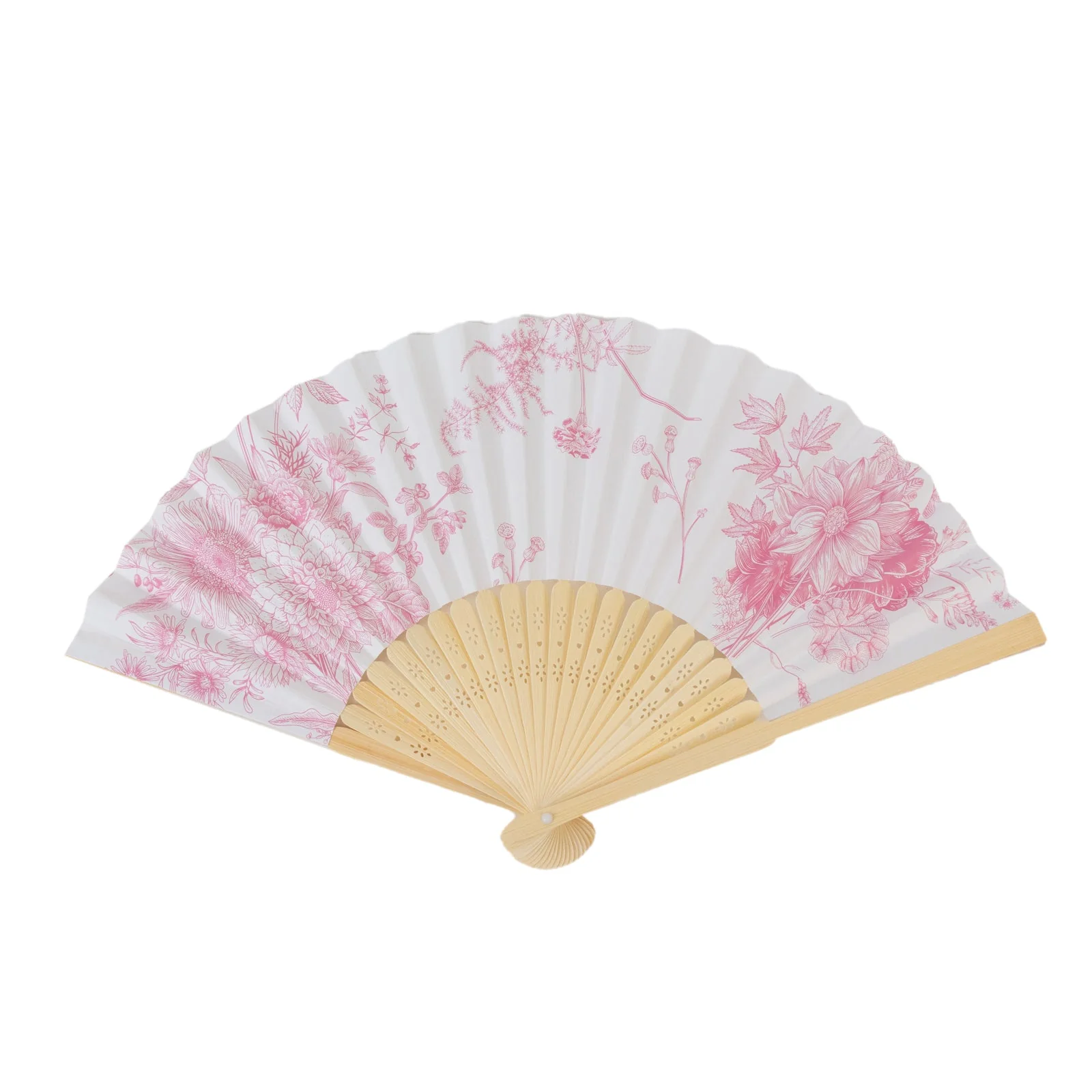 5-Pack Paper Folding Fans in White & Pink French Toile Pattern, Handheld Party Favors Fans with Bamboo Frame - Image 5