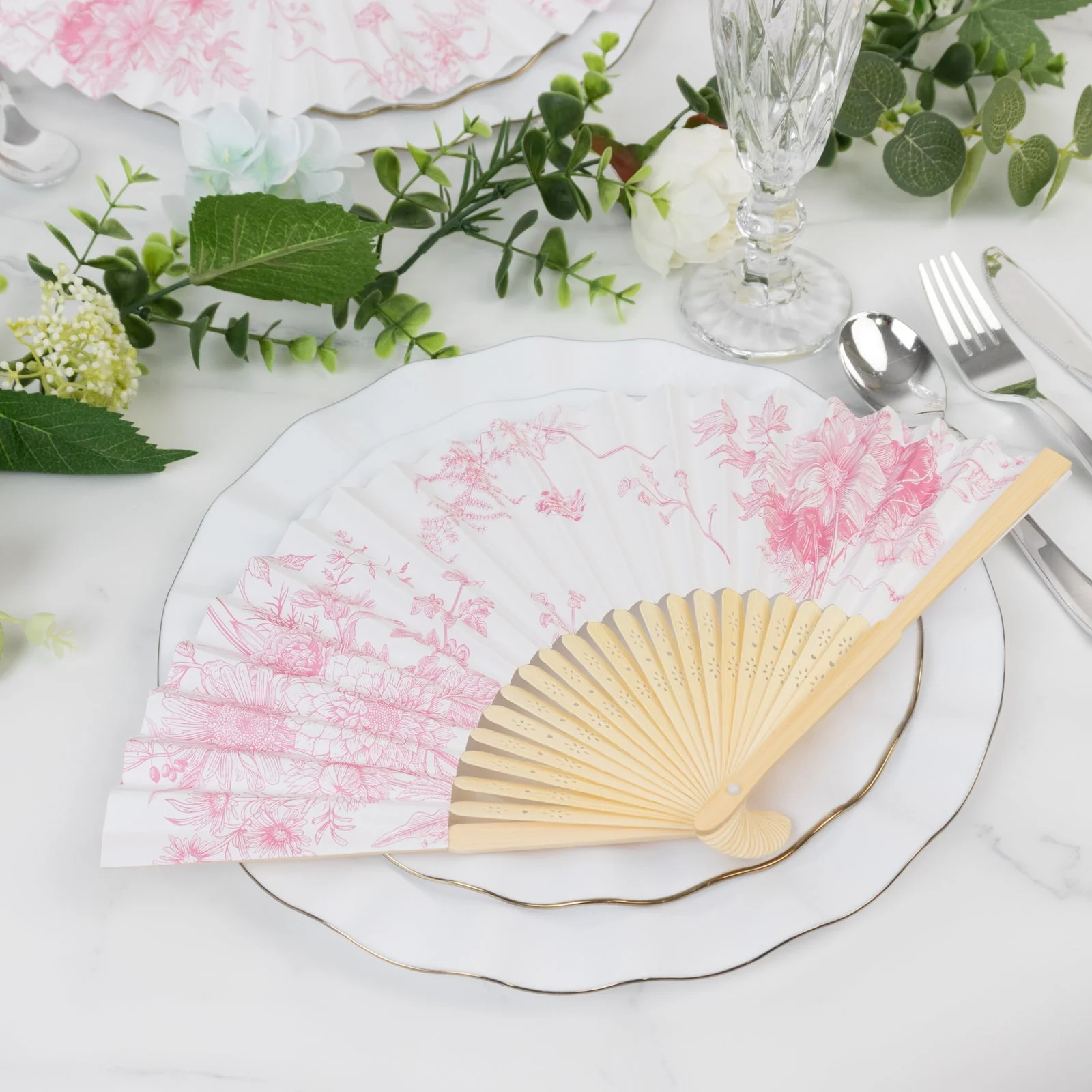 5-Pack Paper Folding Fans in White & Pink French Toile Pattern, Handheld Party Favors Fans with Bamboo Frame - Image 6