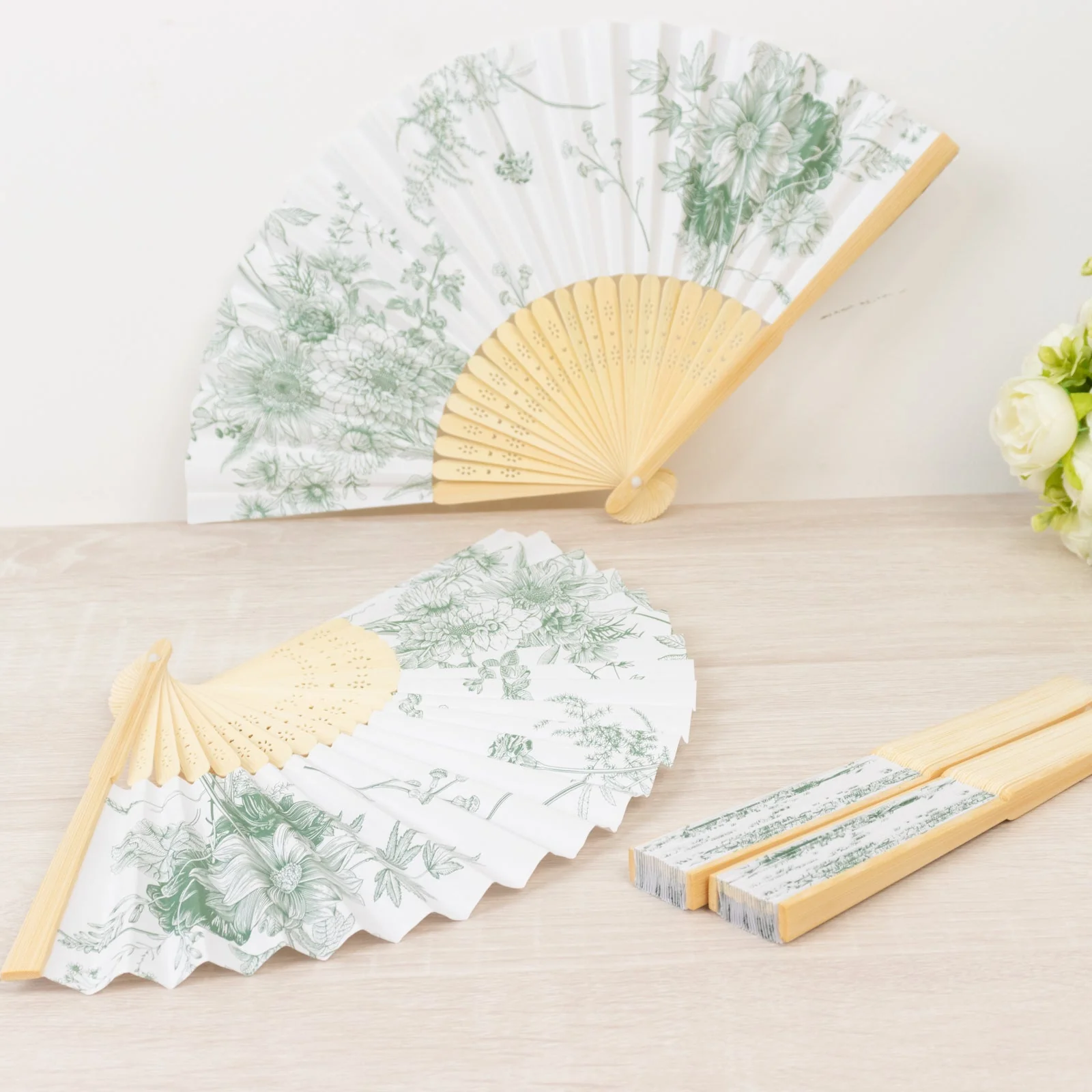 5-Pack Paper Folding Fans in White & Sage Green French Toile Pattern, Handheld Party Favors Fans with Bamboo Frame