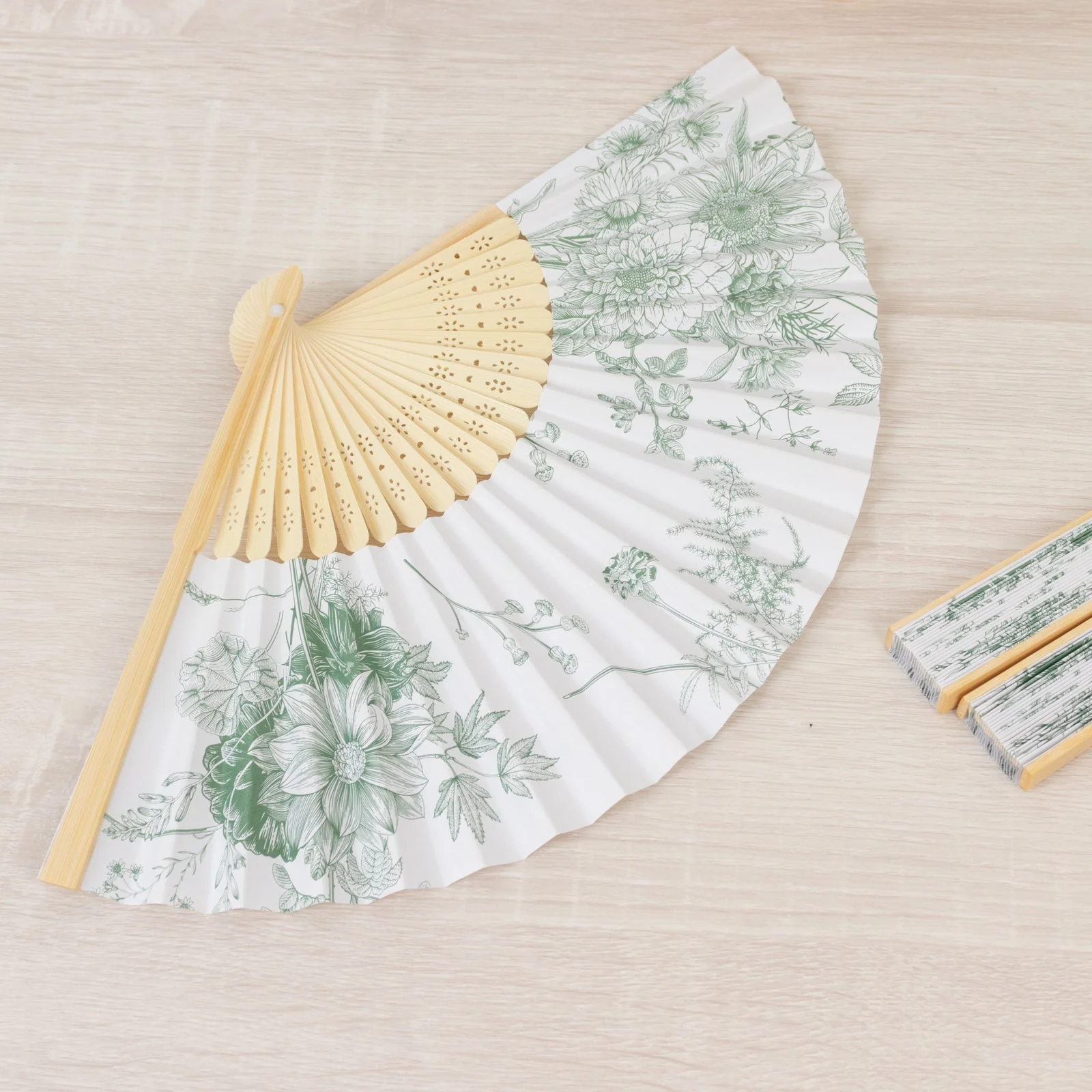 5-Pack Paper Folding Fans in White & Sage Green French Toile Pattern, Handheld Party Favors Fans with Bamboo Frame - Image 3