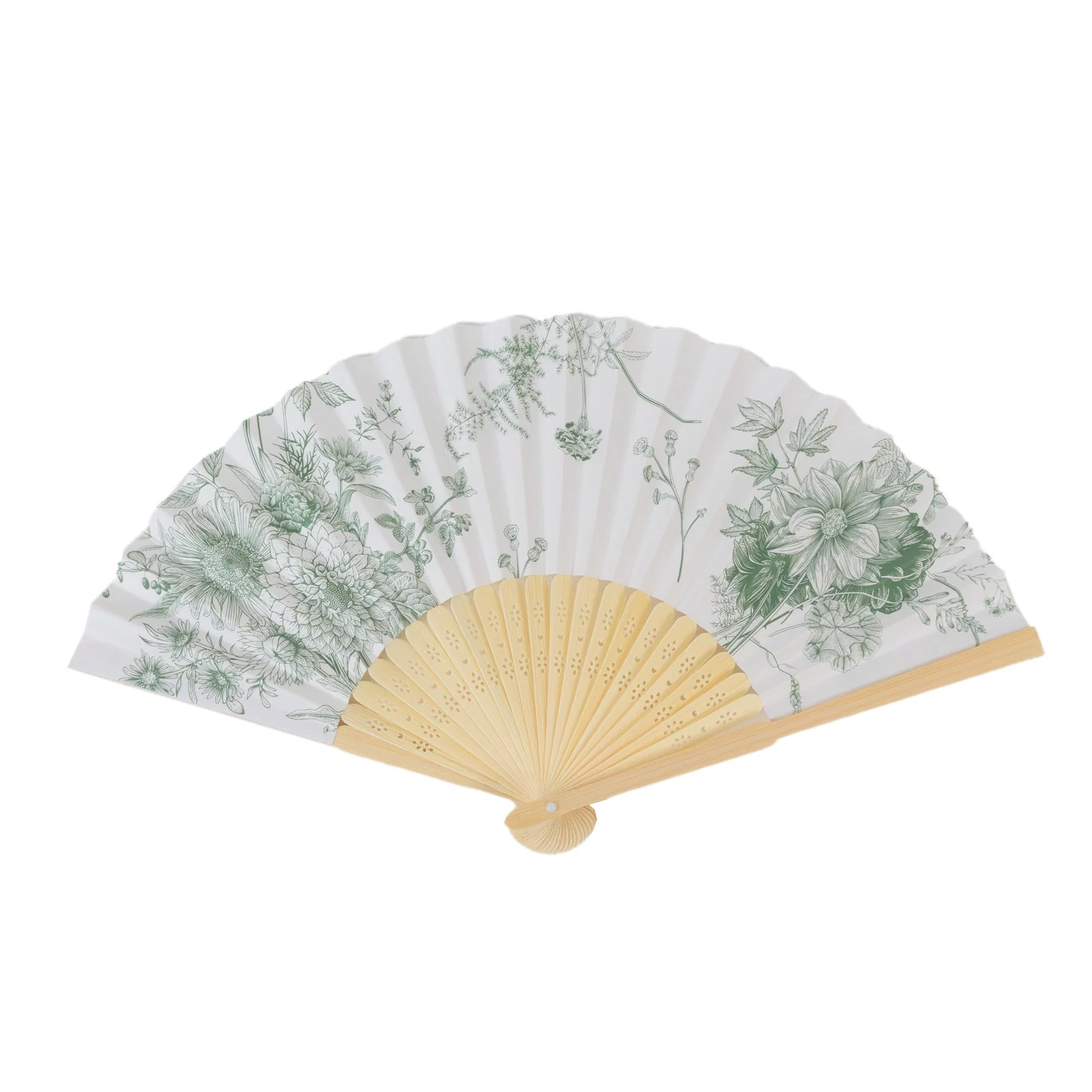 5-Pack Paper Folding Fans in White & Sage Green French Toile Pattern, Handheld Party Favors Fans with Bamboo Frame - Image 5