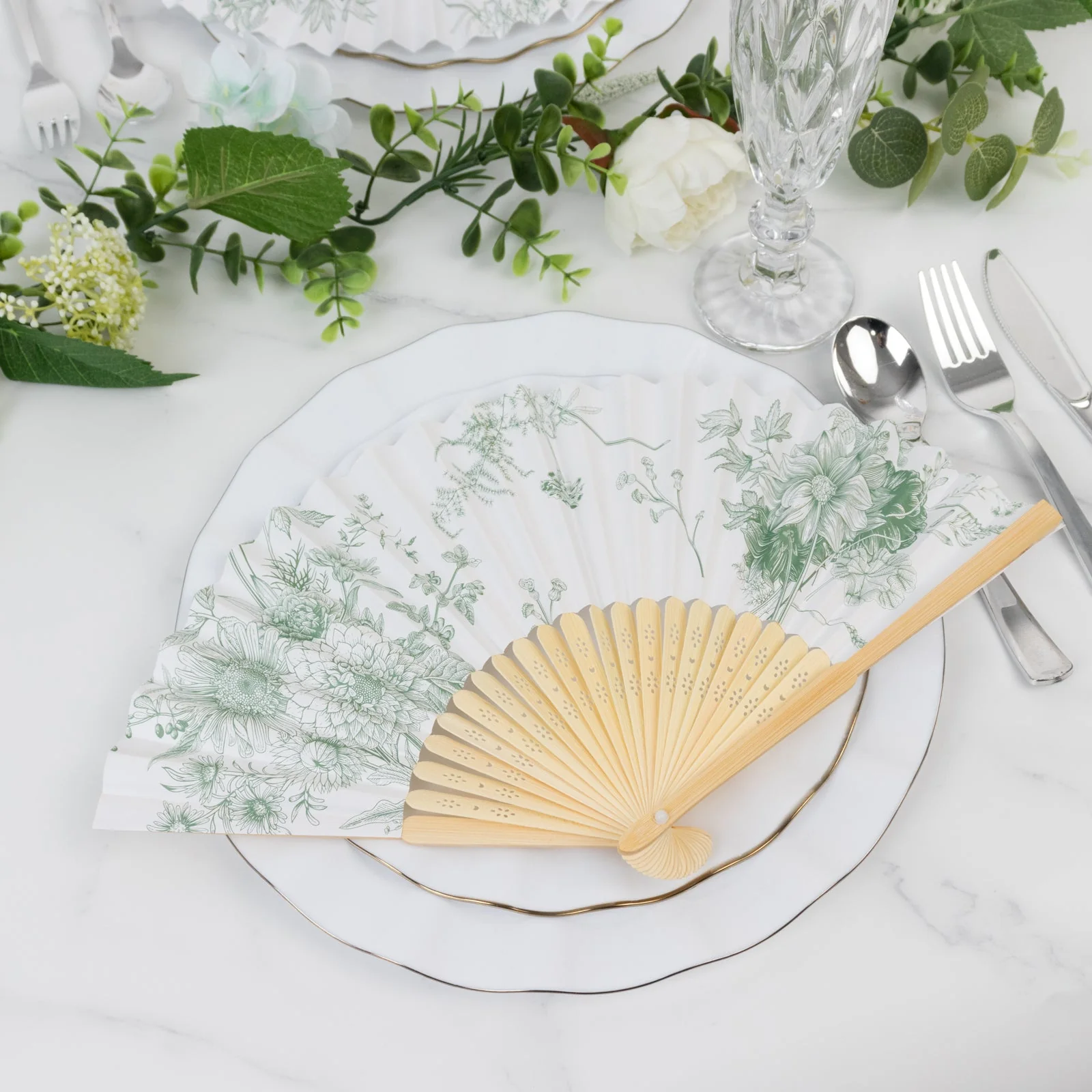 5-Pack Paper Folding Fans in White & Sage Green French Toile Pattern, Handheld Party Favors Fans with Bamboo Frame - Image 6