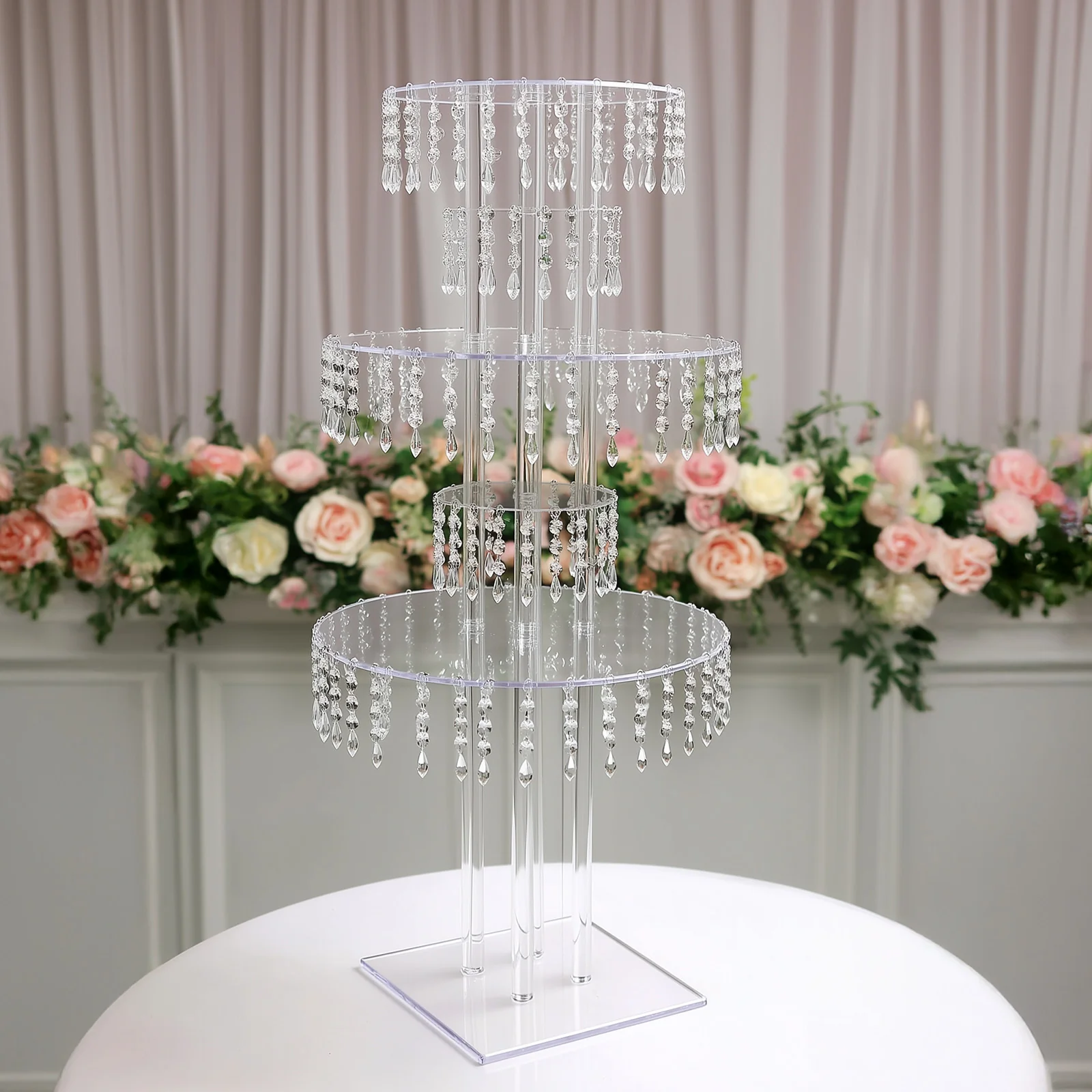 5-Tier Acrylic Chandelier Flower Stand with Hanging Crystals – 39" Tall Clear Table Centerpiece Display Tower - Image 4