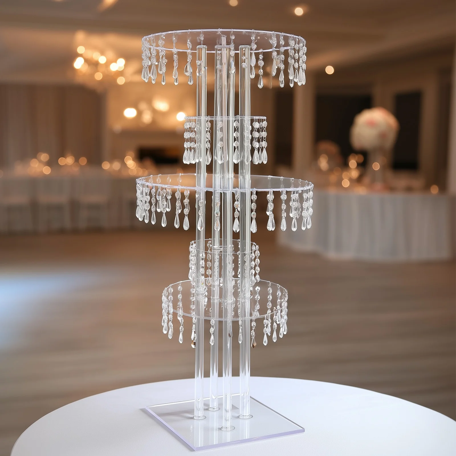 5-Tier Acrylic Chandelier Flower Stand with Hanging Crystals – 39" Tall Clear Table Centerpiece Display Tower - Image 6