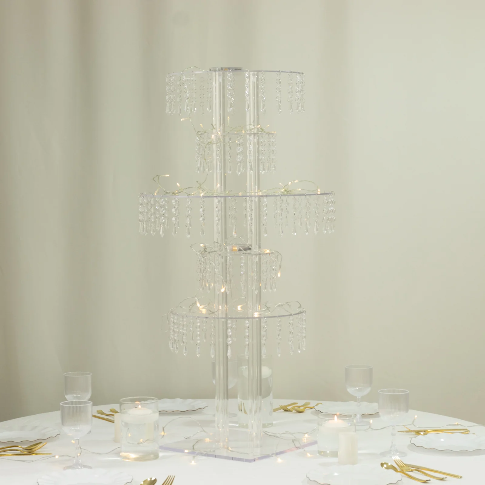 5-Tier Acrylic Chandelier Flower Stand with Hanging Crystals – 39" Tall Clear Table Centerpiece Display Tower - Image 7