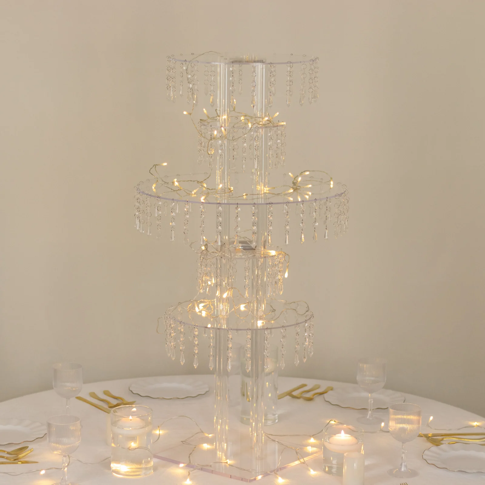 5-Tier Acrylic Chandelier Flower Stand with Hanging Crystals – 39" Tall Clear Table Centerpiece Display Tower - Image 9