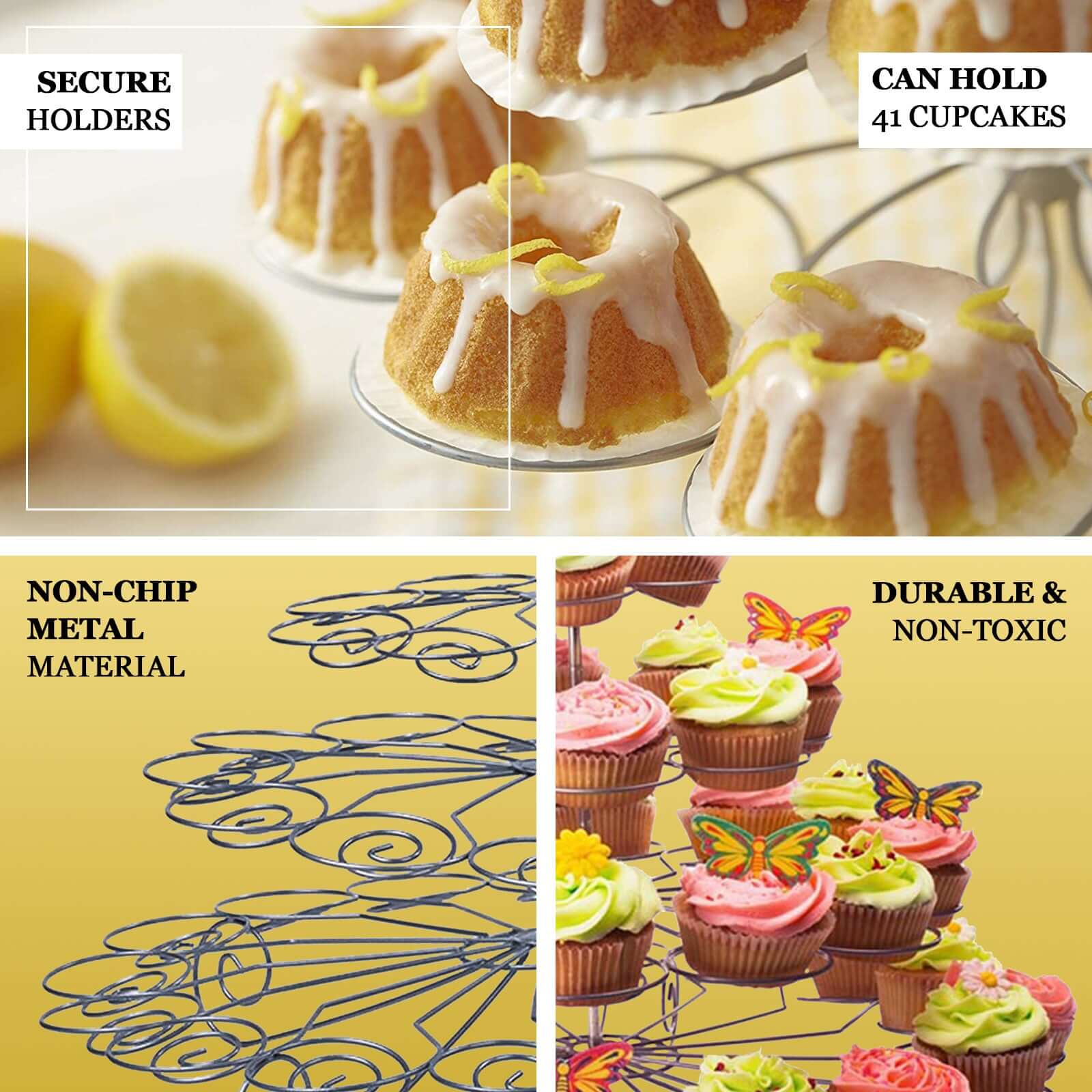 5-Tier Metal Cupcake Stand 15" Silver Finish with 41 Spiral Holders - Versatile Food Safe Dessert Display Tower Tray for Weddings Birthdays & Special Events - Image 4