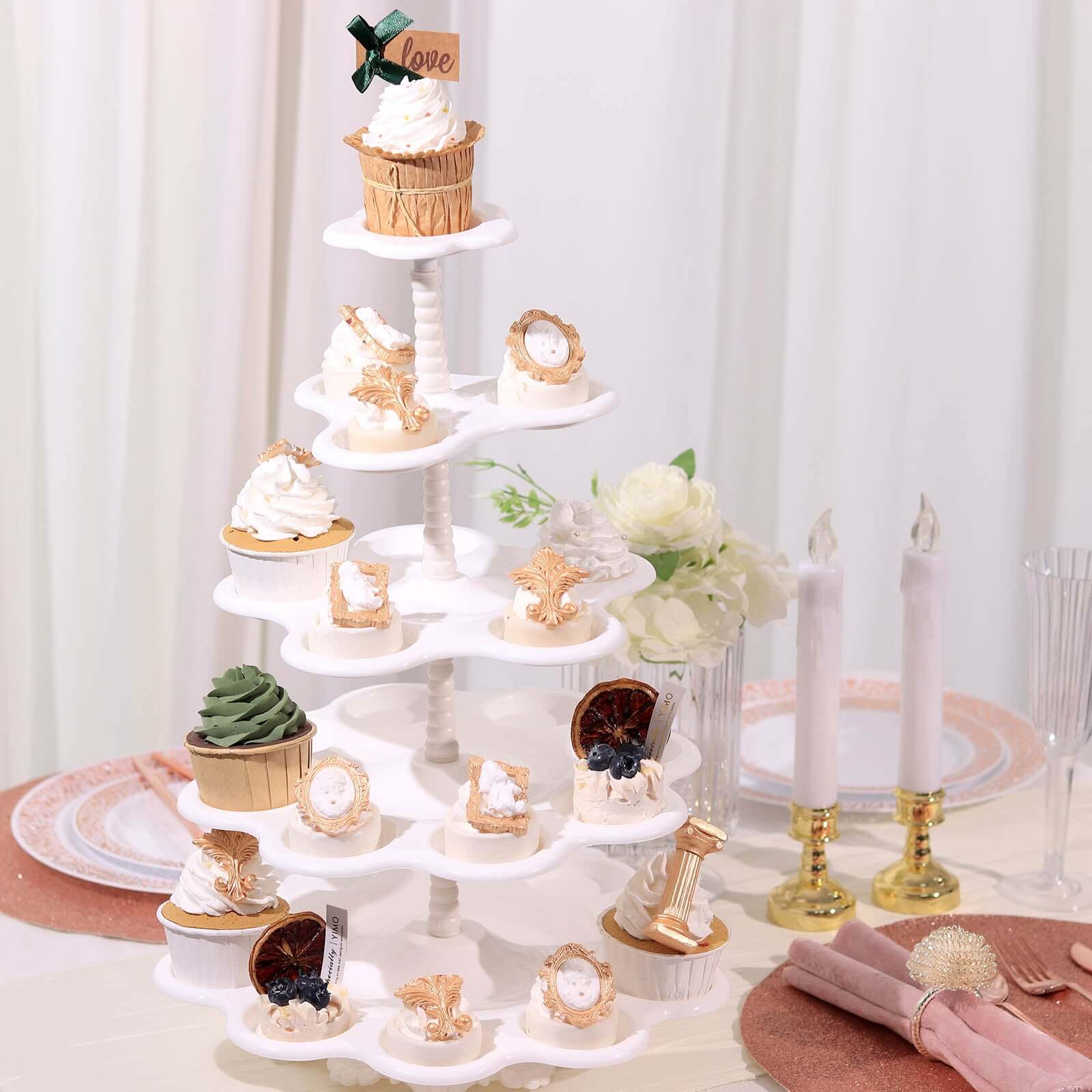 5-Tier Plastic Cupcake Stand Holder 18" White Scalloped Edge Design - Multi-Use Dessert Tower for Stylish Party Treats Display - Image 2