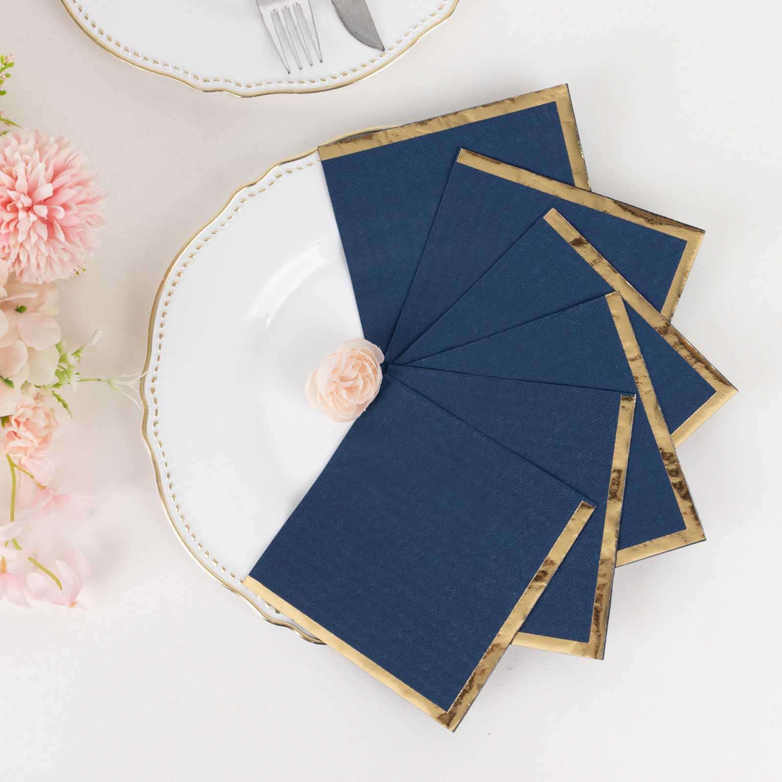 50-Pack Paper Beverage Napkins 2 Ply Navy Blue with Gold Foil Edge 5"x5" - Soft Disposable Cocktail Napkins 18GSM - Image 6