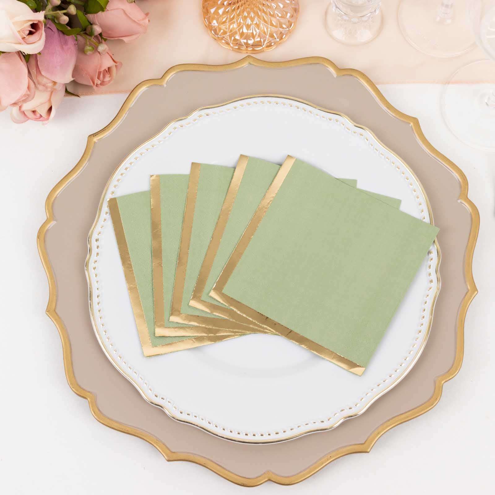 50-Pack Paper Beverage Napkins 2 Ply Sage Green with Gold Foil Edge 5"x5" - Soft Disposable Cocktail Napkins 18GSM - Image 5