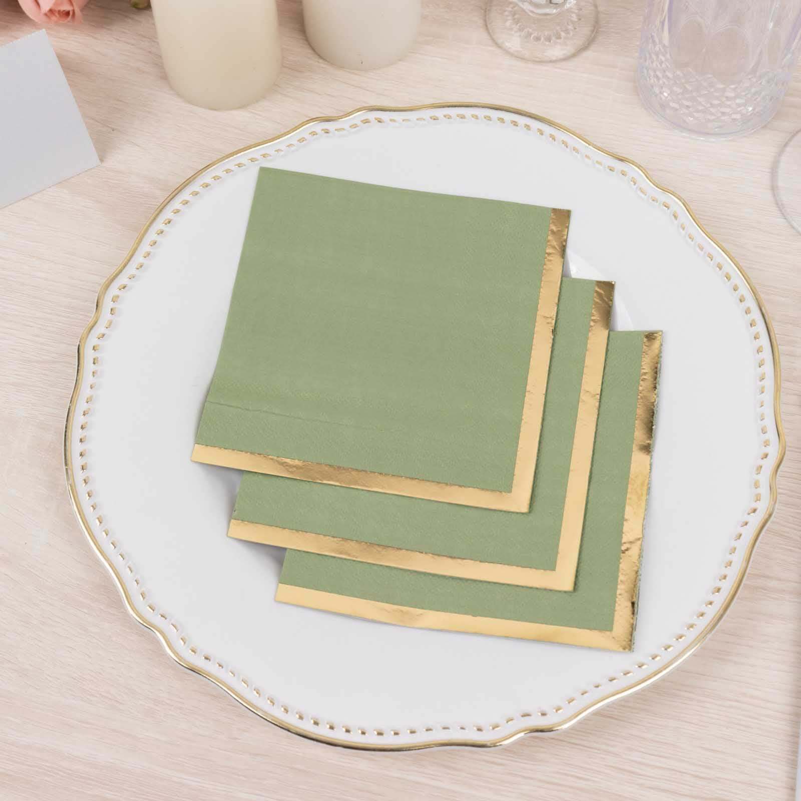 50-Pack Paper Beverage Napkins 2 Ply Sage Green with Gold Foil Edge 5"x5" - Soft Disposable Cocktail Napkins 18GSM - Image 8