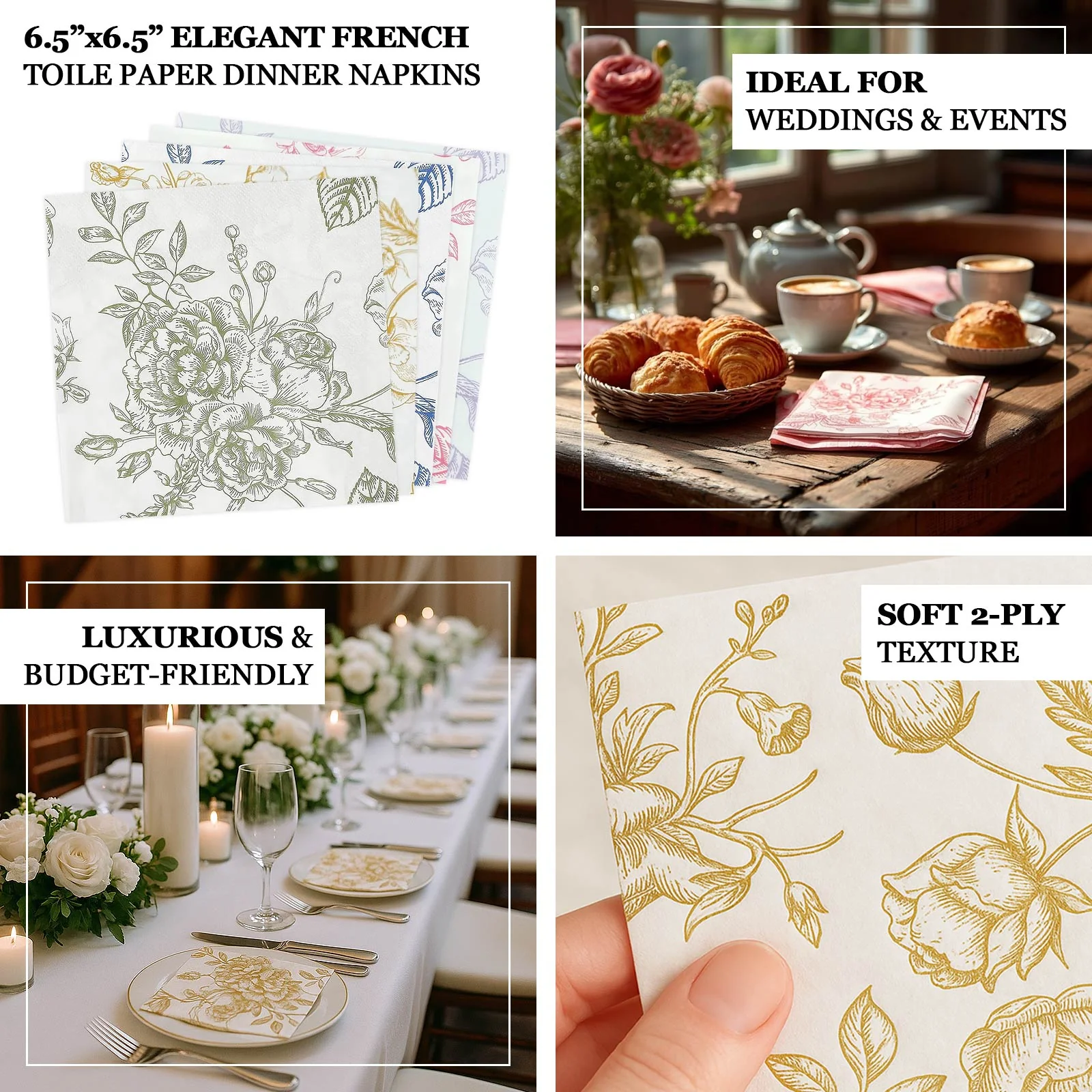 50 Pack 2-Ply Paper Cocktail Napkins in Matte Lavender and White French Toile Floral Pattern, Highly Absorbent Soft Disposable Beverage Napkins - Image 3