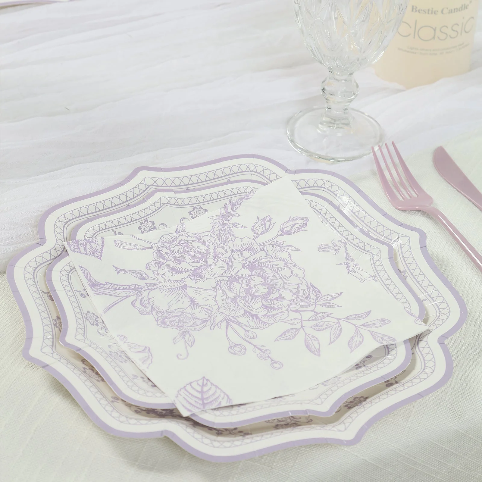 50 Pack 2-Ply Paper Cocktail Napkins in Matte Lavender and White French Toile Floral Pattern, Highly Absorbent Soft Disposable Beverage Napkins - Image 6