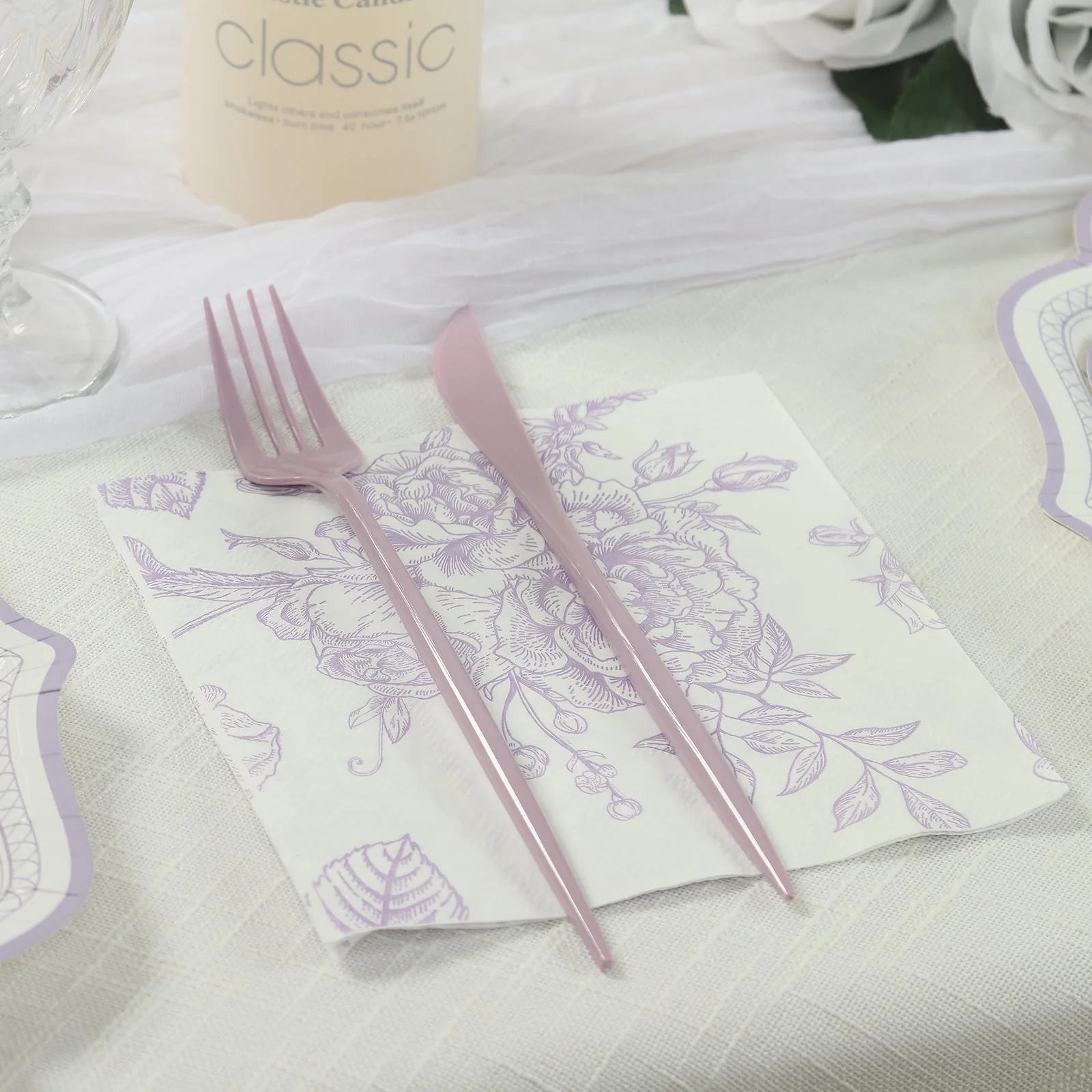 50 Pack 2-Ply Paper Cocktail Napkins in Matte Lavender and White French Toile Floral Pattern, Highly Absorbent Soft Disposable Beverage Napkins - Image 8