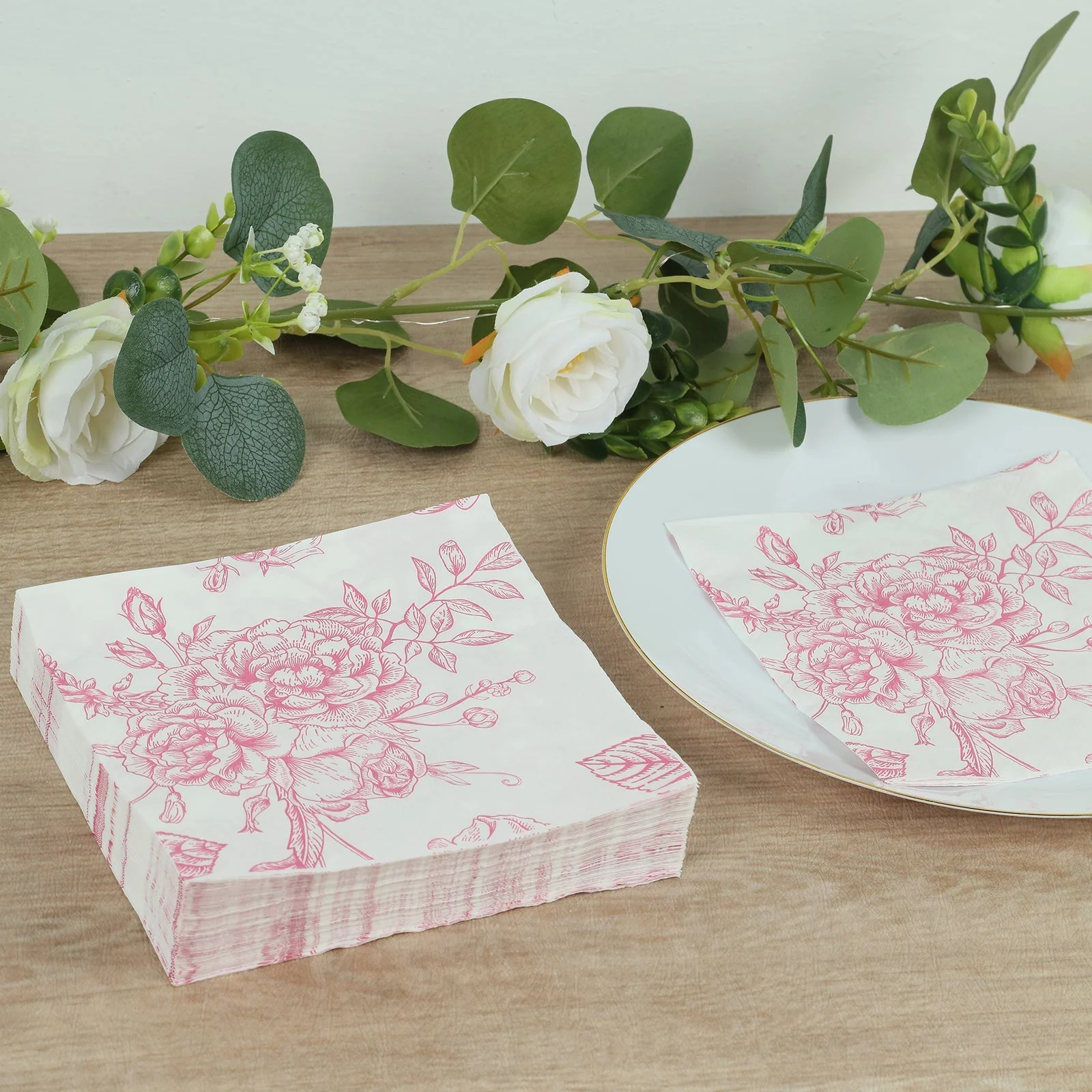 50 Pack 2-Ply Paper Cocktail Napkins in Matte Pink and White French Toile Floral Pattern, Highly Absorbent Soft Disposable Beverage Napkins