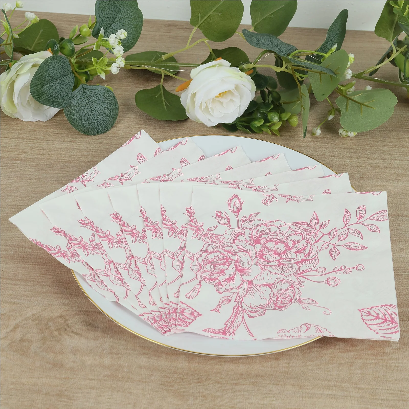 50 Pack 2-Ply Paper Cocktail Napkins in Matte Pink and White French Toile Floral Pattern, Highly Absorbent Soft Disposable Beverage Napkins - Image 8
