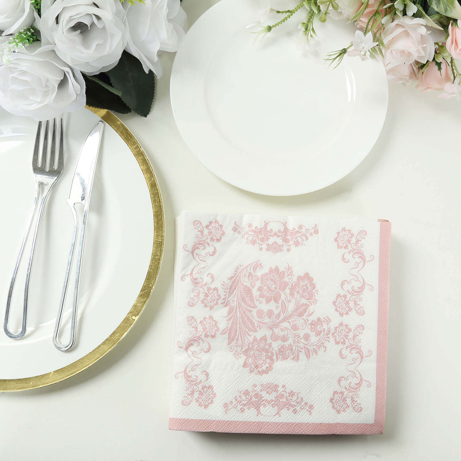 50 Pack 2-Ply Paper Cocktail Napkins in White Matte Pink Damask Floral Pattern, Disposable Beverage Napkins - Highly Absorbent & Soft - Image 2