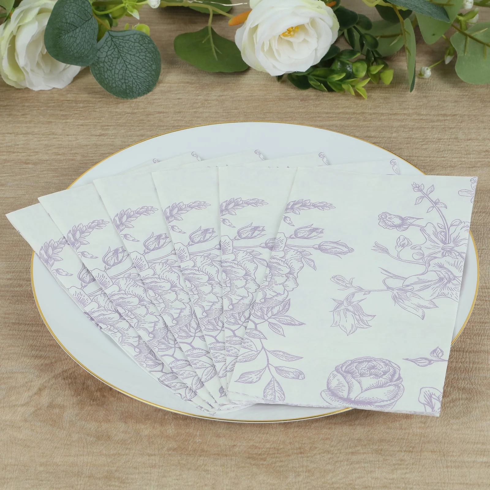 50 Pack 2-Ply Paper Dinner Napkins in French Toile Floral Pattern, Matte Lavender and White Highly Absorbent Soft Disposable Party Napkins - Image 9