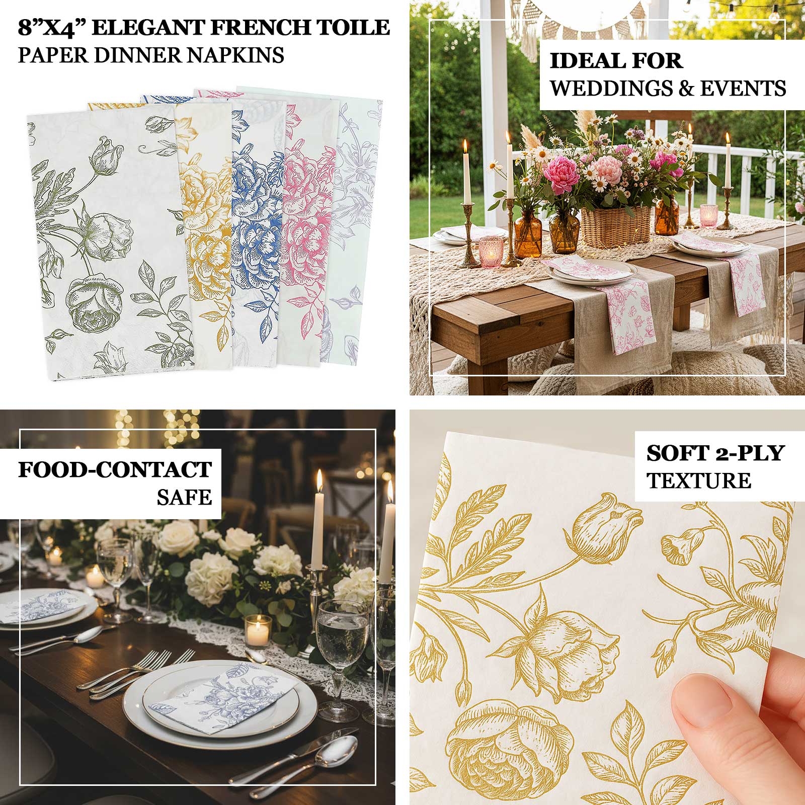 50 Pack 2-Ply Paper Dinner Napkins in French Toile Floral Pattern, Matte Pink and White Highly Absorbent Soft Disposable Party Napkins - Image 3