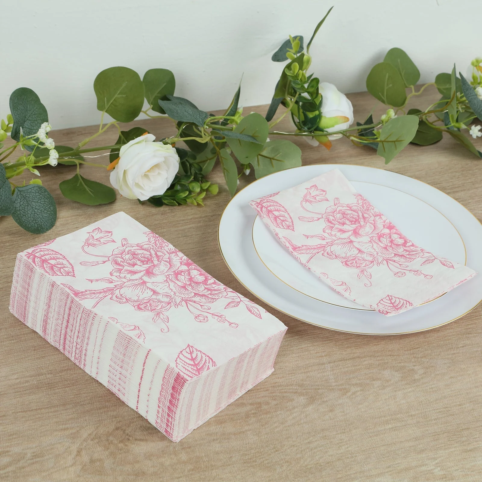 50 Pack 2-Ply Paper Dinner Napkins in French Toile Floral Pattern, Matte Pink and White Highly Absorbent Soft Disposable Party Napkins - Image 5