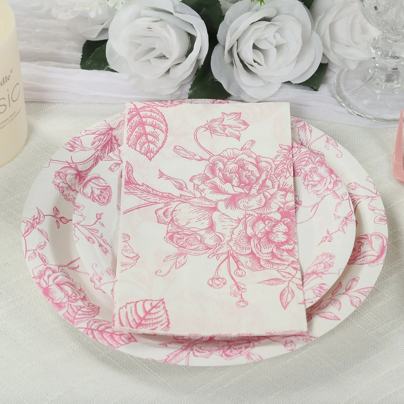 50 Pack 2-Ply Paper Dinner Napkins in French Toile Floral Pattern, Matte Pink and White Highly Absorbent Soft Disposable Party Napkins - Image 6