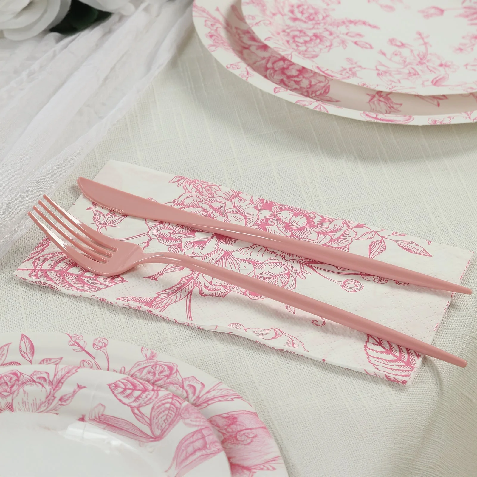 50 Pack 2-Ply Paper Dinner Napkins in French Toile Floral Pattern, Matte Pink and White Highly Absorbent Soft Disposable Party Napkins - Image 9