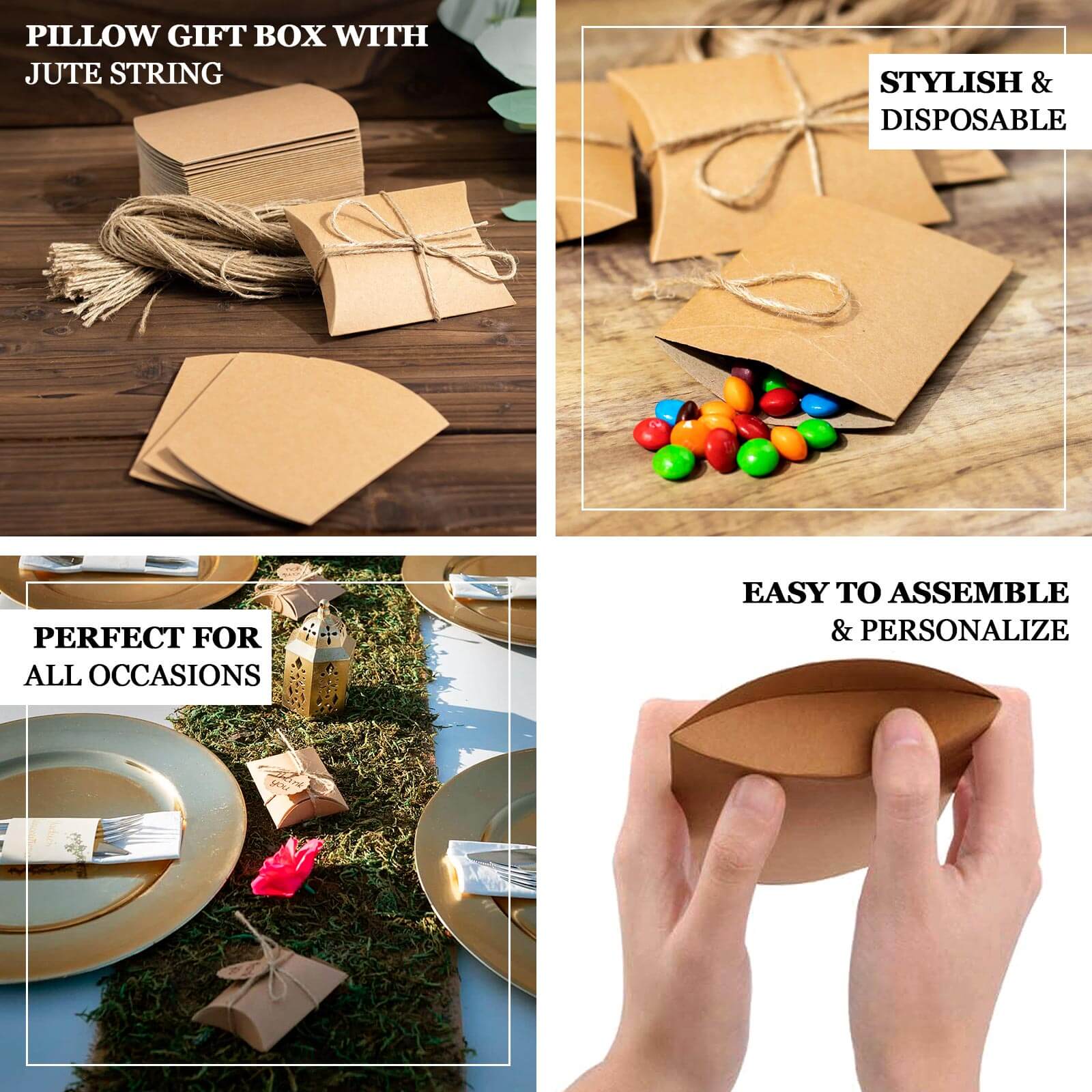 50 Pack Natural Brown Paper Rustic Party Gift Boxes With Jute Rope Tie, Wedding Favor Pillow Box Set 4.5"x3.5" - Image 4