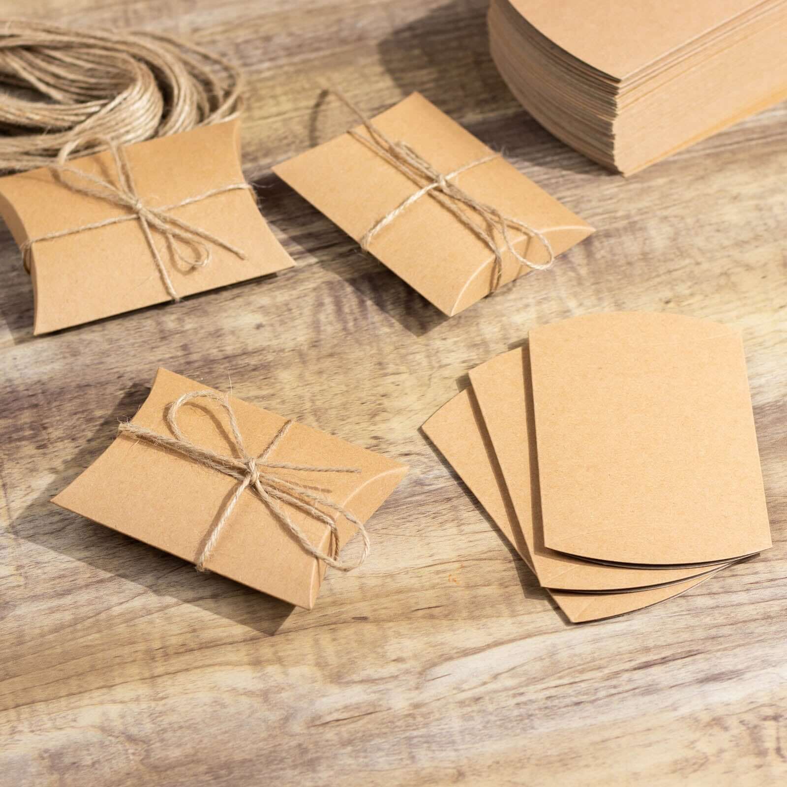 50 Pack Natural Brown Paper Rustic Party Gift Boxes With Jute Rope Tie, Wedding Favor Pillow Box Set 4.5"x3.5" - Image 9