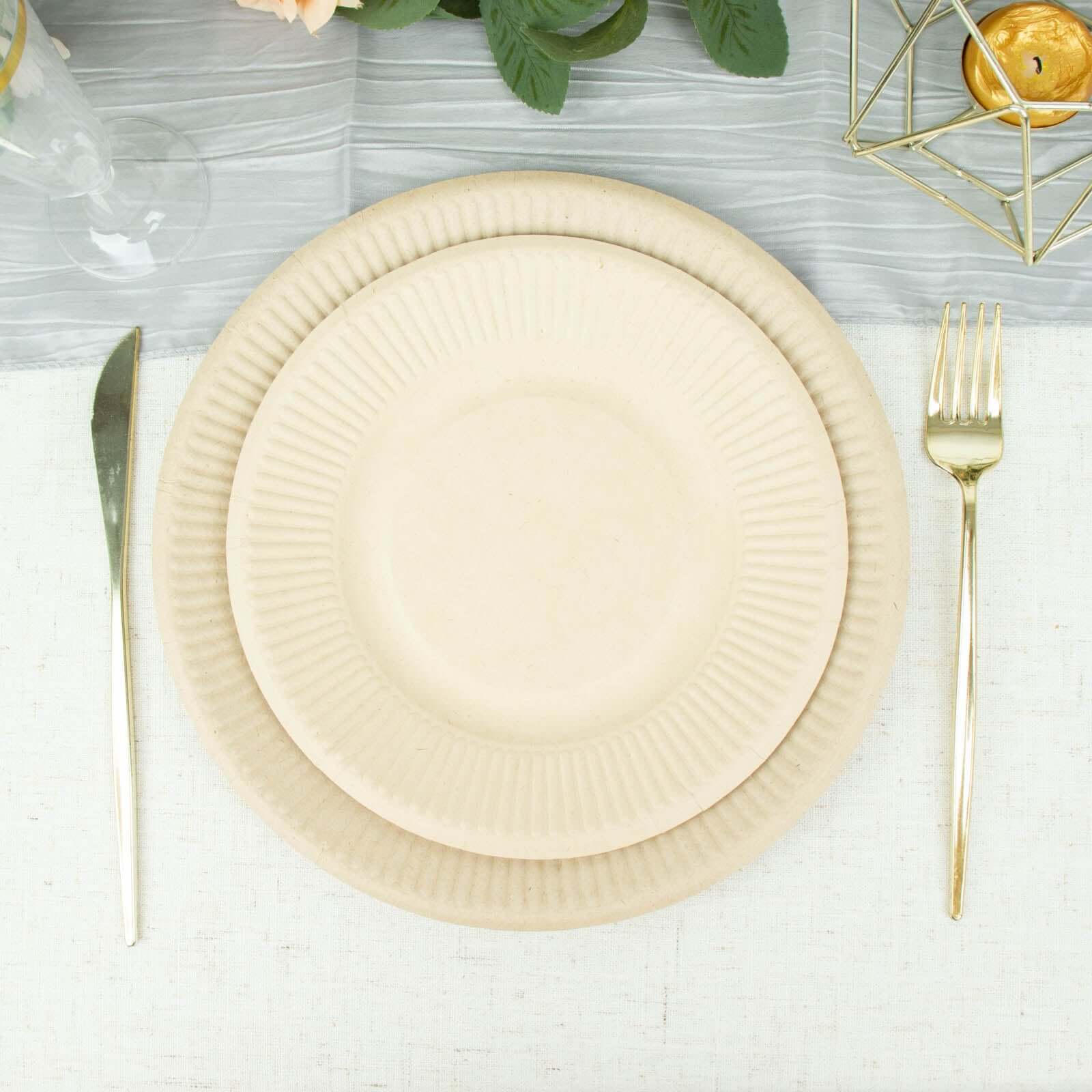 50-Pack Bagasse Round Dessert Plates 8" Natural with Ribbed Rim - Eco Friendly Disposable Sugarcane Appetizer/Salad Plates for Parties - Image 5