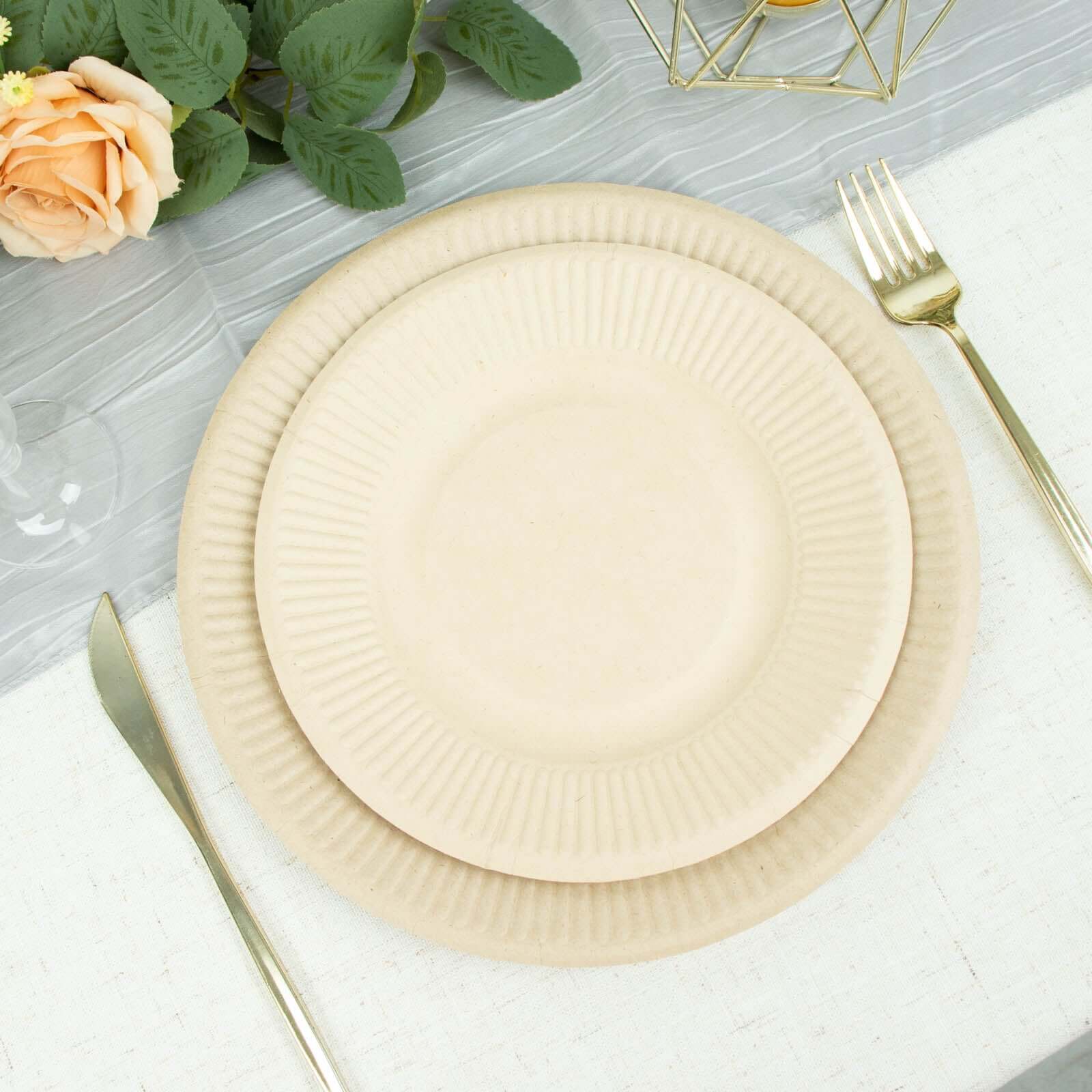 50-Pack Bagasse Round Dessert Plates 8" Natural with Ribbed Rim - Eco Friendly Disposable Sugarcane Appetizer/Salad Plates for Parties - Image 9