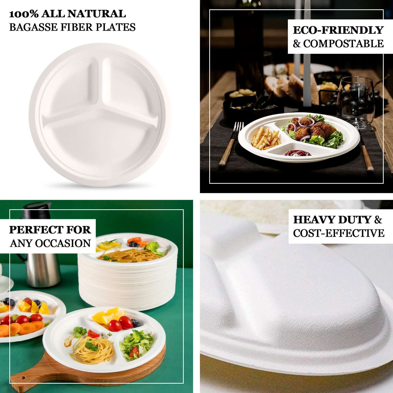 50-Pack Bagasse Round Dinner Plates 10" White with 3-Compartments - Eco Friendly Disposable Sugarcane Divided Plates for Meal Prep & Portion Control - Image 4