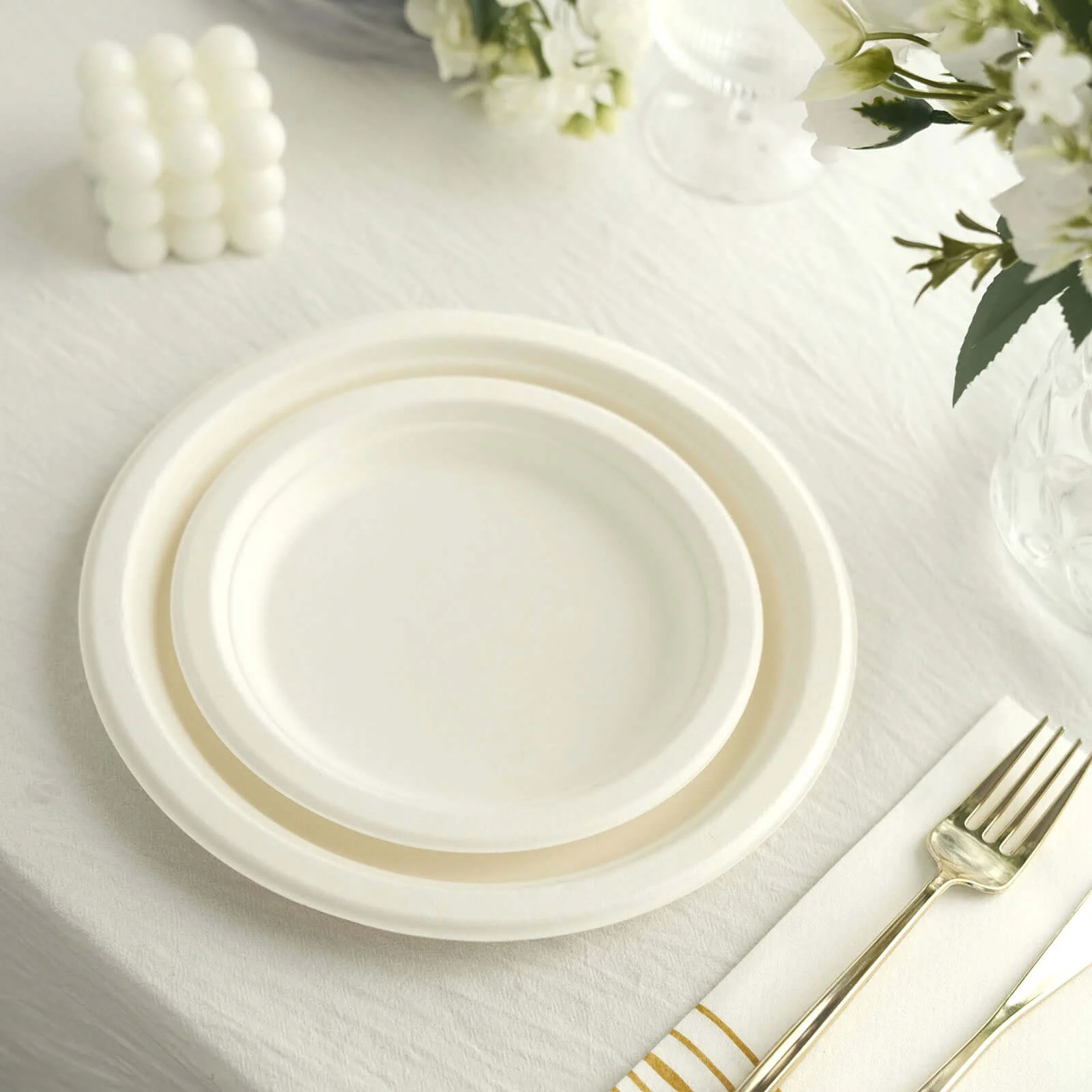 50-Pack Bagasse Round Dinner Plates 9" White Biodegradable - Eco-friendly Disposable Sugarcane Party Plates for Weddings & Nature Inspired Events - Image 2