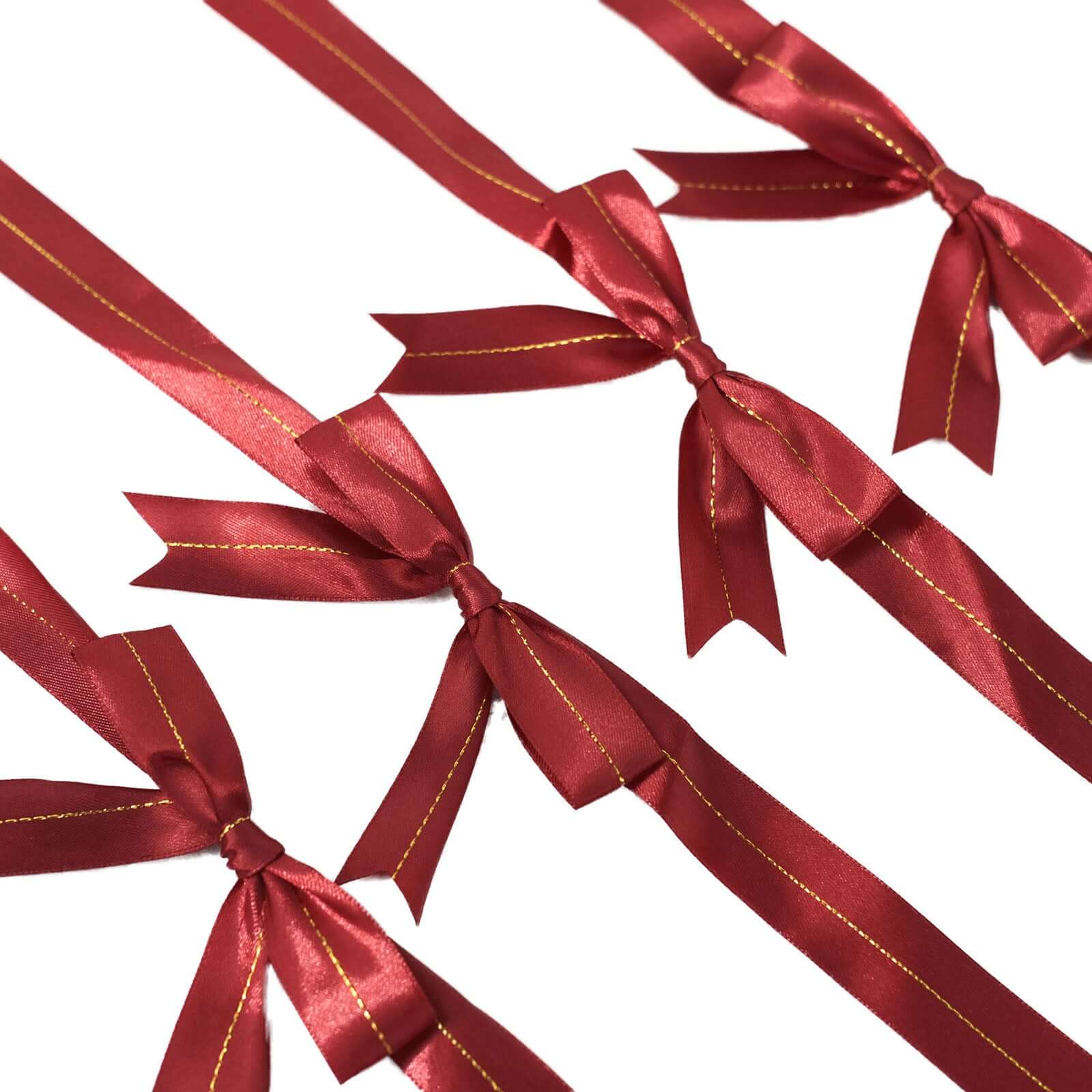 50 Pack Burgundy Pre Tied Satin Ribbon Bows With Gold Foil Lining For Gift Basket and Party Favors Decor 10" - Image 2