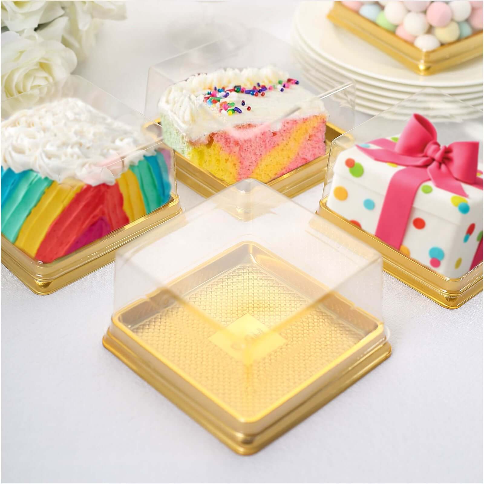 50 Pack Clear / Gold Square Mini Plastic Dessert Party Favor Boxes, Cupcake Muffin Food Containers 4"x4"x2.5" - Image 5