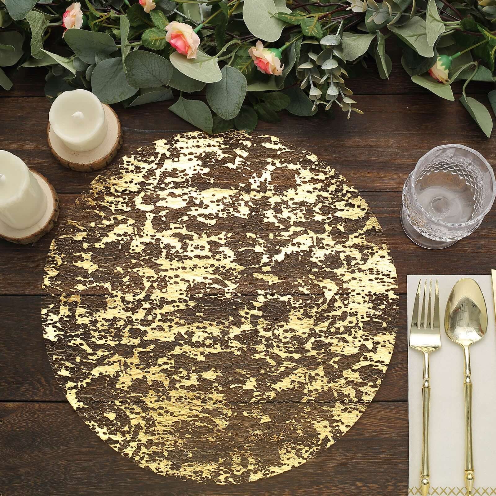 50-Pack Mesh Table Placemats 13" Round Foil Design Metallic Gold - Shiny Disposable Dining Mats - Image 2