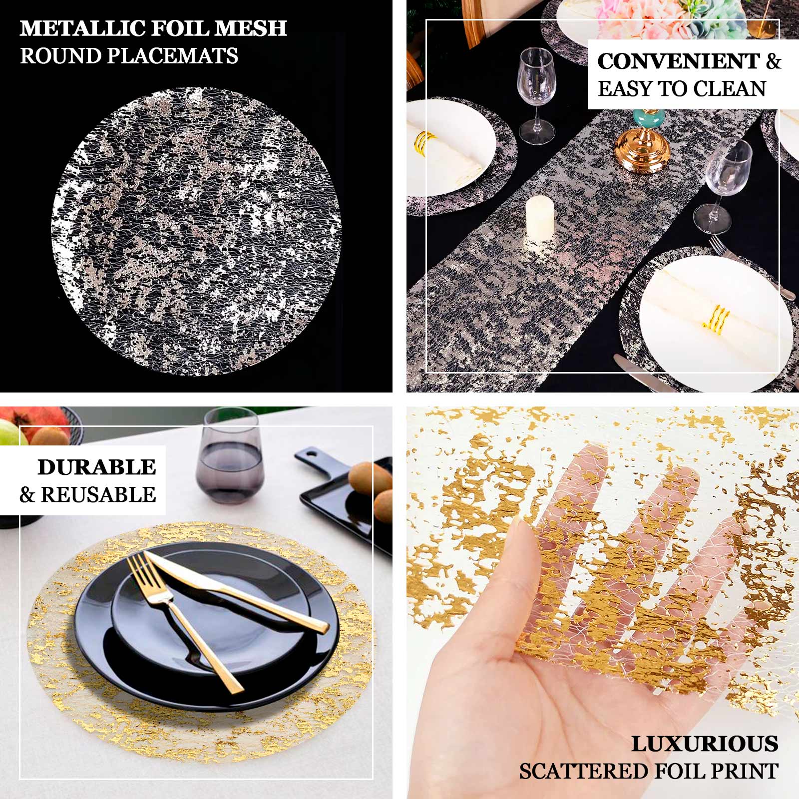 50-Pack Mesh Table Placemats 13" Round Foil Design Metallic Gold - Shiny Disposable Dining Mats - Image 4
