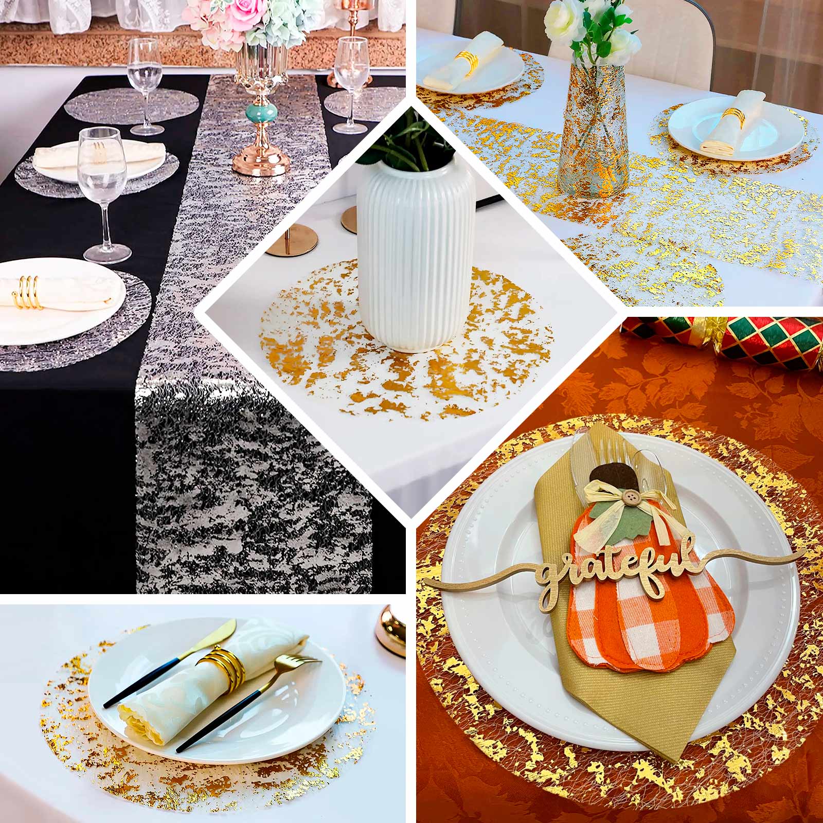50-Pack Mesh Table Placemats 13" Round Foil Design Metallic Silver - Shiny Disposable Dining Mats - Image 5