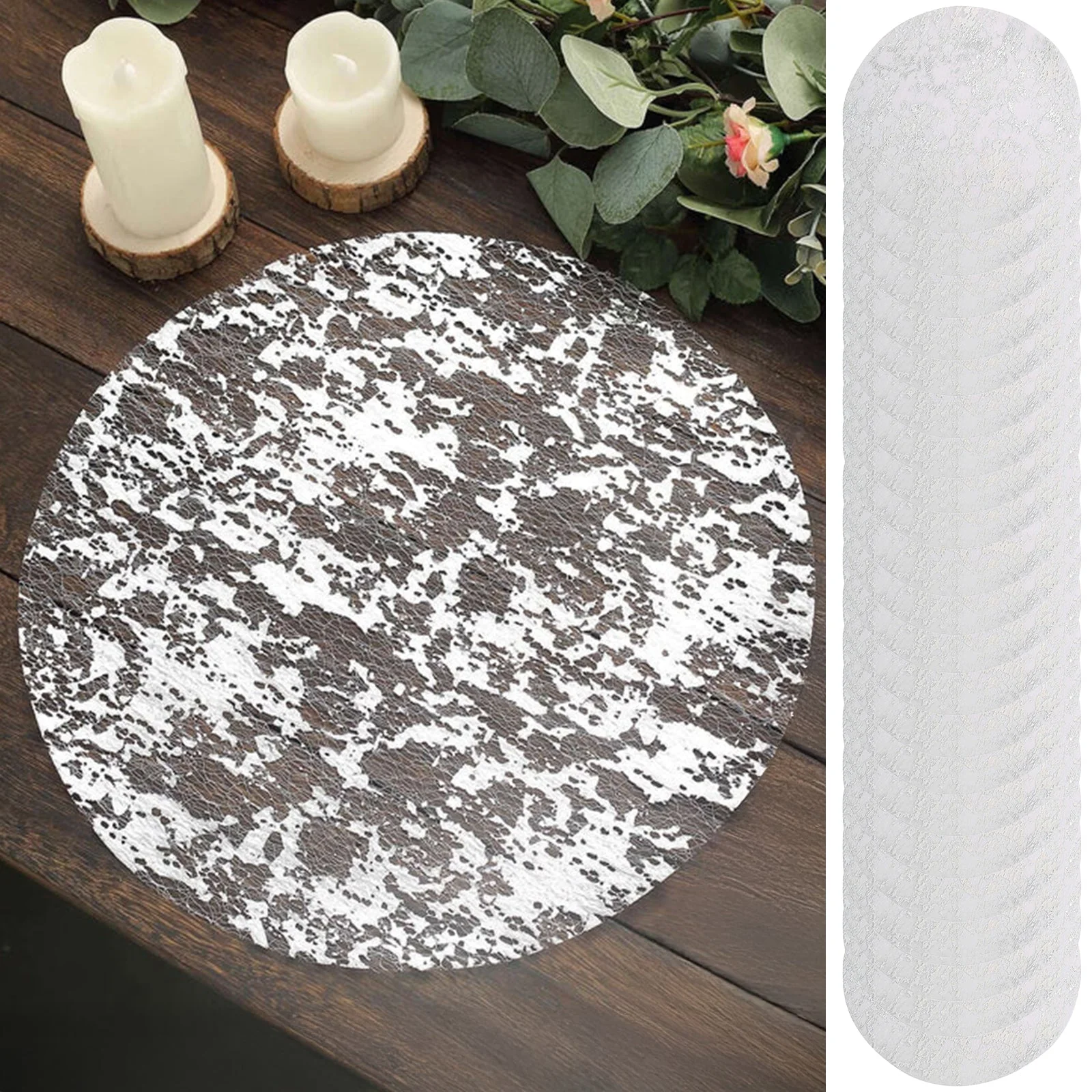 50-Pack Mesh Table Placemats 13" Round Foil Design Metallic Silver - Shiny Disposable Dining Mats - Image 7