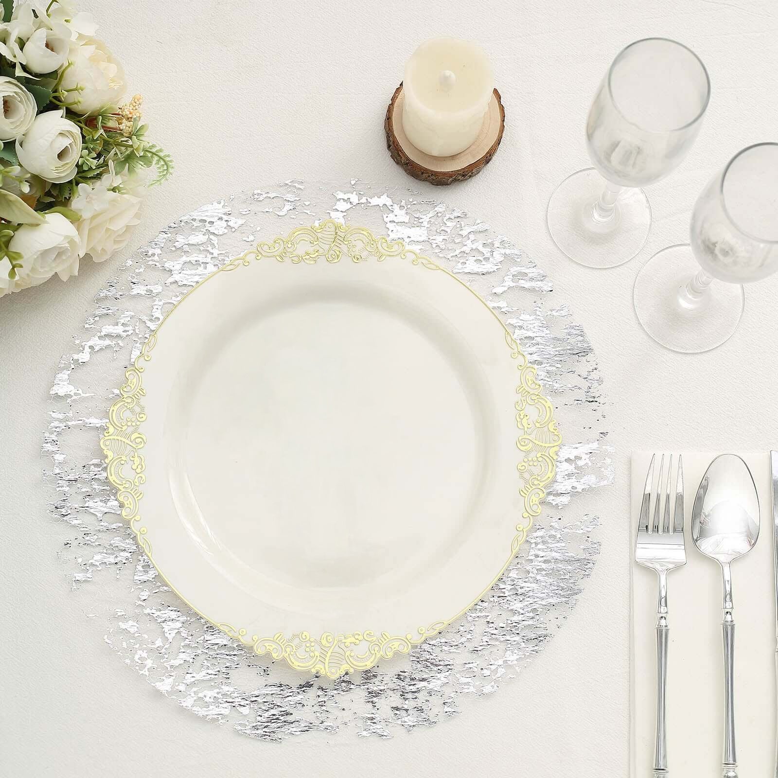 50-Pack Mesh Table Placemats 13" Round Foil Design Metallic Silver - Shiny Disposable Dining Mats - Image 8