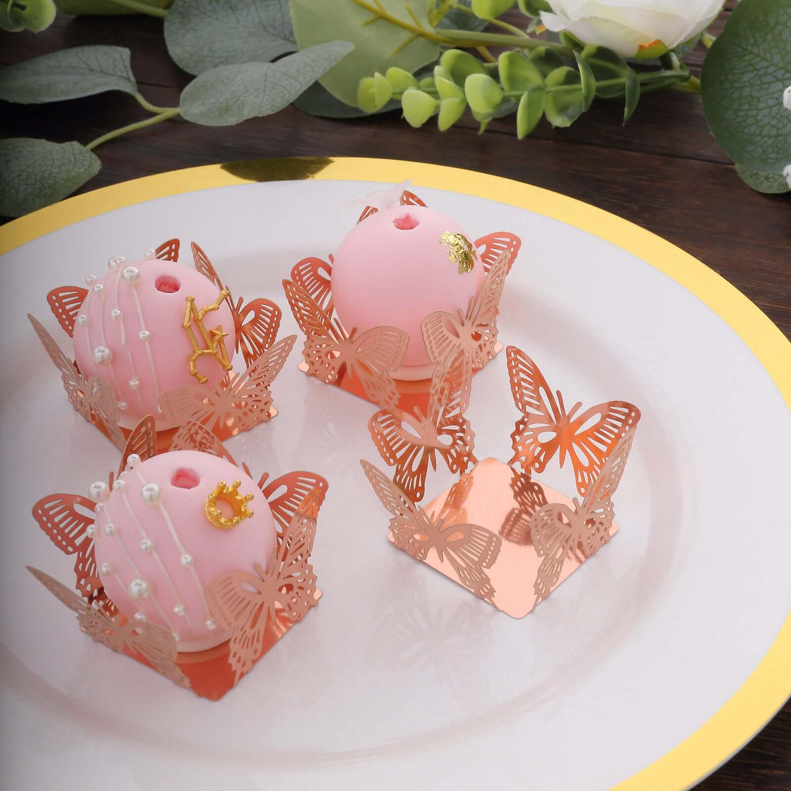 50-Pack Mini Paper Truffle Cup Liners 4" Square Design Metallic Rose Gold Butterfly - 225GSM Cupcake Tray Wrappers - Image 6