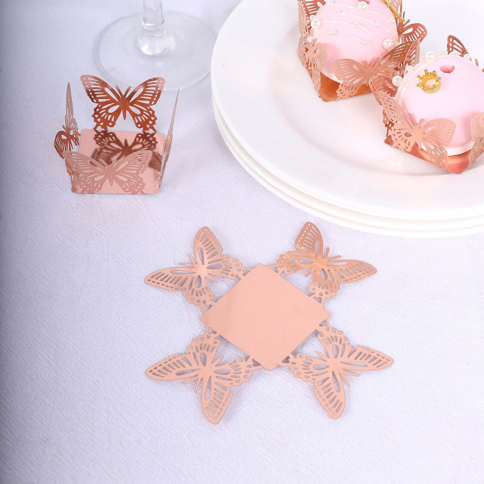 50-Pack Mini Paper Truffle Cup Liners 4" Square Design Metallic Rose Gold Butterfly - 225GSM Cupcake Tray Wrappers - Image 8
