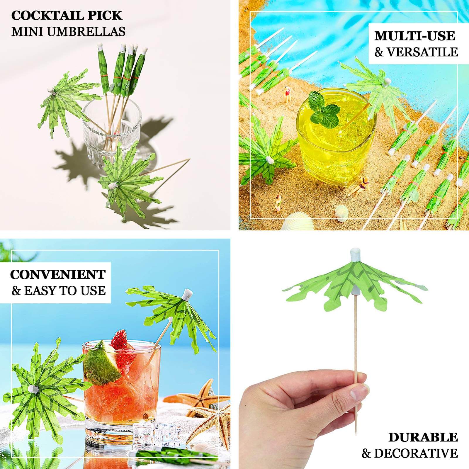 50-Pack Natural Bamboo Skewers 6", Green Tropical Leaf Parasol Cocktail Umbrella Picks - Eco Friendly Disposable Drink Sticks - Image 4